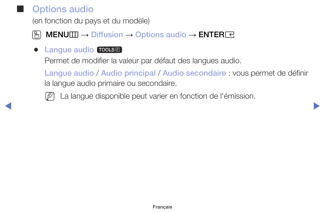 Samsung UE32M5005AWXXC, UE49M5005AWXXC, UE32M4005AWXXC OO MENUm → Diffusion → Options audio → Entere Langue audio t 