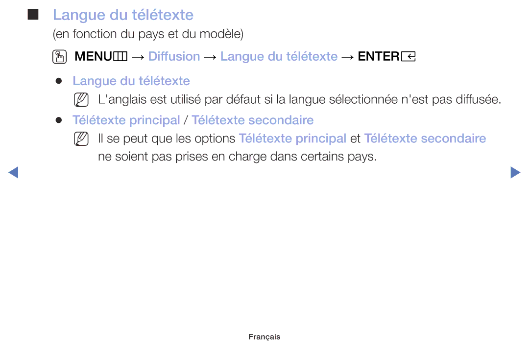 Samsung UE32M4005AWXXC OO MENUm → Diffusion → Langue du télétexte → Entere, Télétexte principal / Télétexte secondaire 