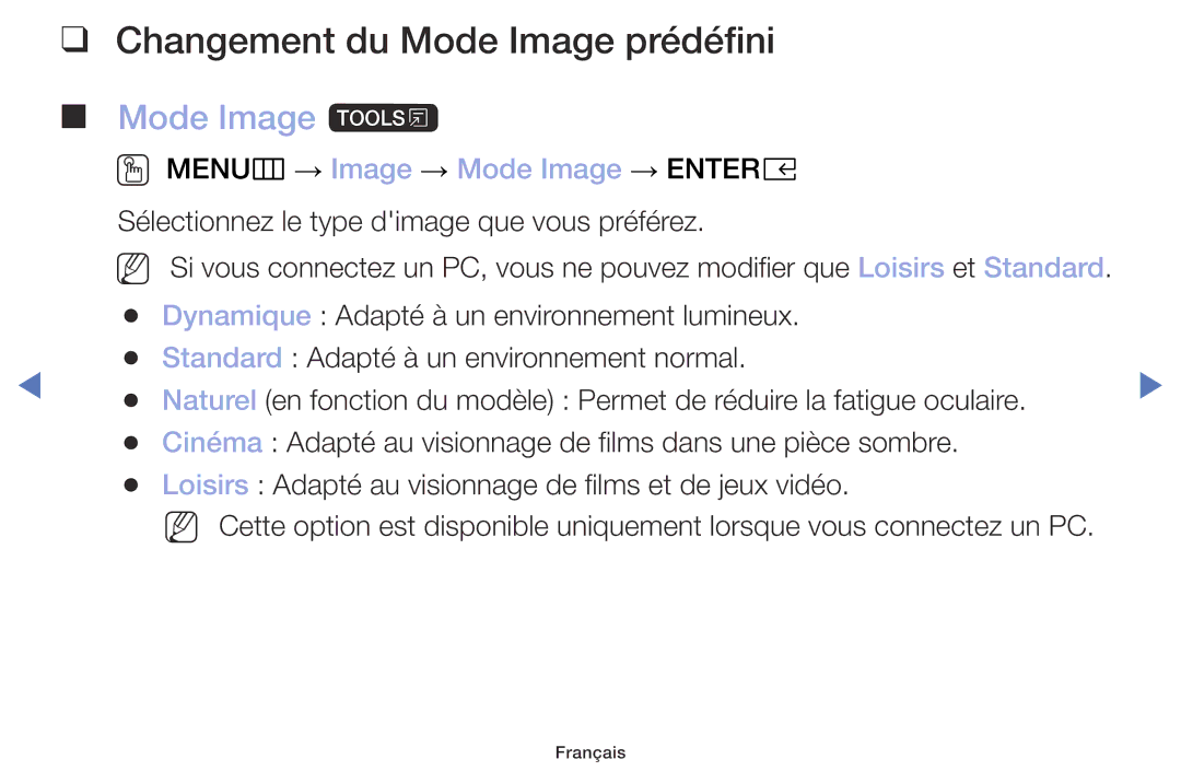 Samsung UE32M4005AWXXC manual Changement du Mode Image prédéfini, Mode Image t, OO MENUm → Image → Mode Image → Entere 