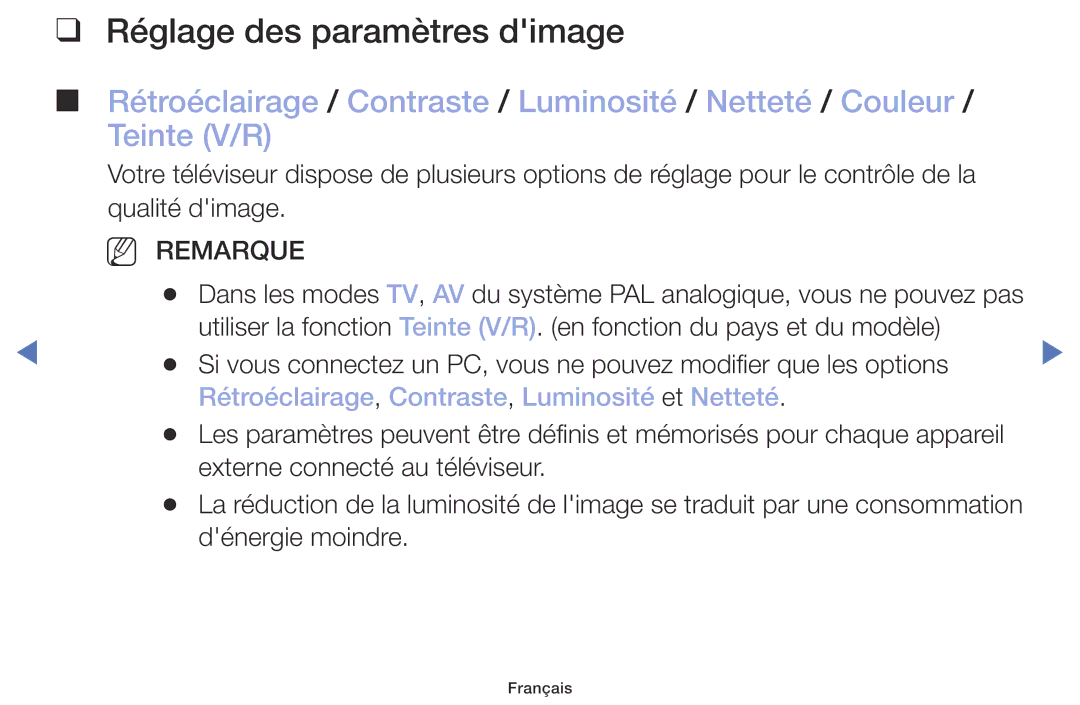 Samsung UE40M5005AWXXC, UE49M5005AWXXC Réglage des paramètres dimage, Rétroéclairage, Contraste, Luminosité et Netteté 