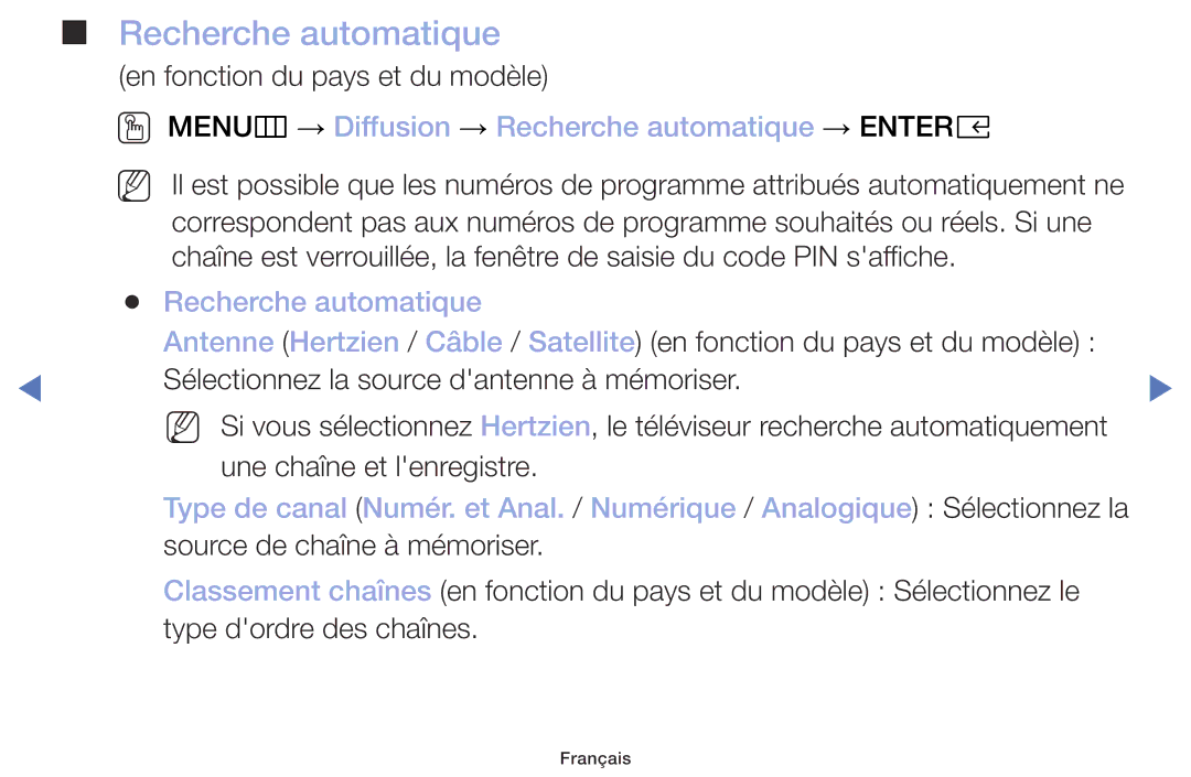 Samsung UE49M5005AWXXC, UE32M4005AWXXC, UE40M5005AWXXC manual OO MENUm → Diffusion → Recherche automatique → Entere 