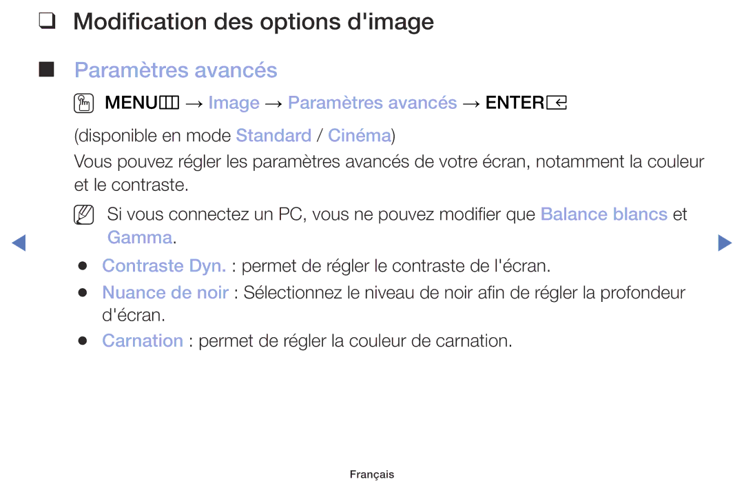 Samsung UE32M4005AWXXC manual Modification des options dimage, OO MENUm → Image → Paramètres avancés → Entere, Gamma 