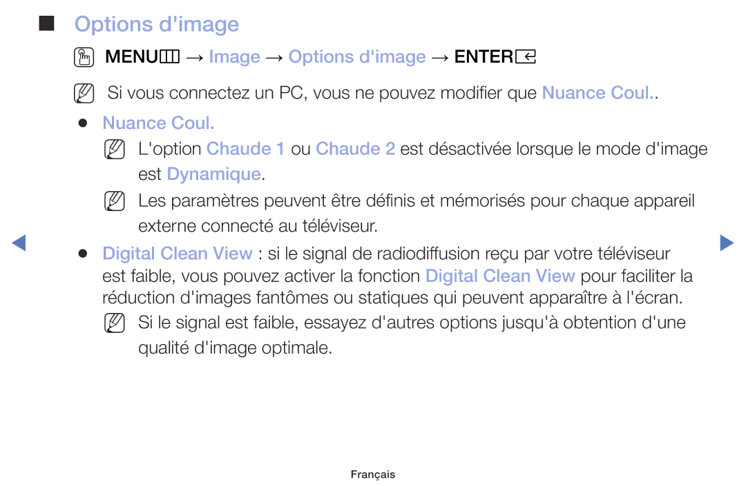 Samsung UE32M5005AWXXC, UE49M5005AWXXC manual OO MENUm → Image → Options dimage → Entere, Nuance Coul, Est Dynamique 