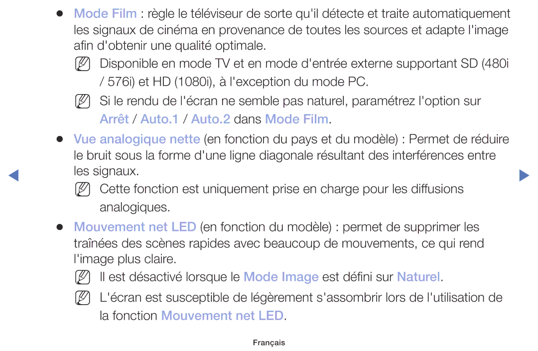 Samsung UE32M4005AWXXC, UE49M5005AWXXC manual Arrêt / Auto.1 / Auto.2 dans Mode Film, La fonction Mouvement net LED 