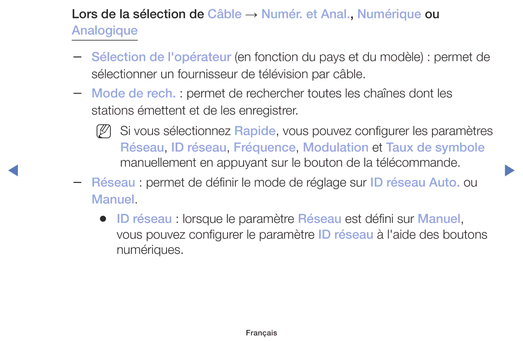 Samsung UE32M4005AWXXC, UE49M5005AWXXC, UE40M5005AWXXC Réseau, ID réseau, Fréquence, Modulation et Taux de symbole, Manuel 