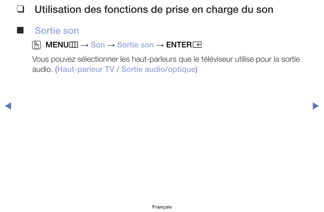 Samsung UE49M5005AWXXC, UE32M4005AWXXC, UE40M5005AWXXC manual Utilisation des fonctions de prise en charge du son, Sortie son 