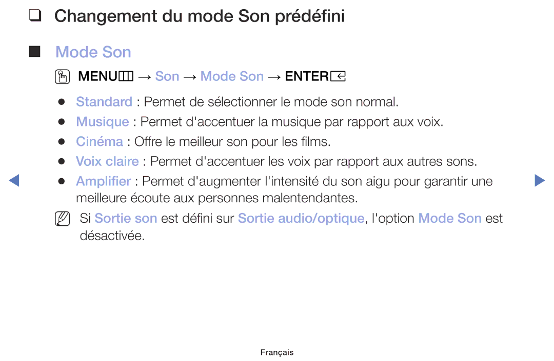 Samsung UE32M4005AWXXC, UE49M5005AWXXC, UE40M5005AWXXC, UE32M5005AWXXC manual Changement du mode Son prédéfini, Mode Son 