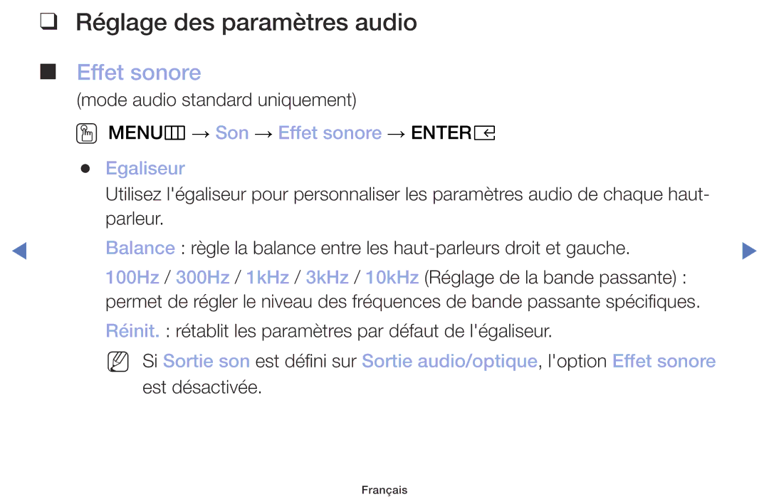 Samsung UE40M5005AWXXC, UE49M5005AWXXC Réglage des paramètres audio, OO MENUm → Son → Effet sonore → Entere Egaliseur 