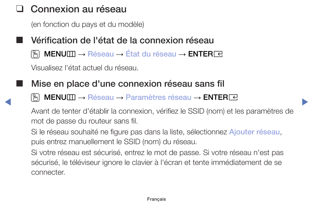 Samsung UE49M5005AWXXC, UE32M4005AWXXC, UE40M5005AWXXC Connexion au réseau, OO MENUm → Réseau → État du réseau → Entere 