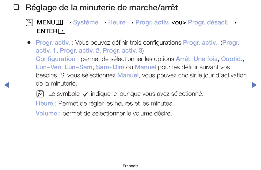 Samsung UE32M5005AWXXC, UE49M5005AWXXC manual Réglage de la minuterie de marche/arrêt, Activ , Progr. activ , Progr. activ 