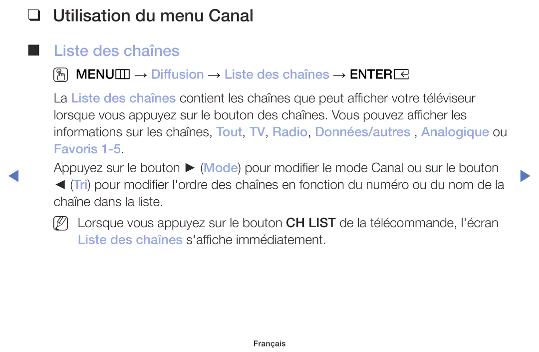 Samsung UE49M5005AWXXC Utilisation du menu Canal Liste des chaînes, OO MENUm → Diffusion → Liste des chaînes → Entere 