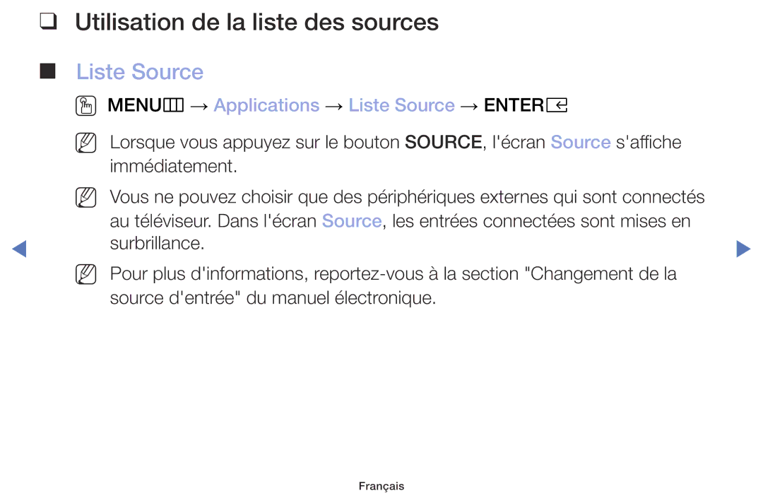 Samsung UE49M5005AWXXC manual Utilisation de la liste des sources, OO MENUm → Applications → Liste Source → Entere 