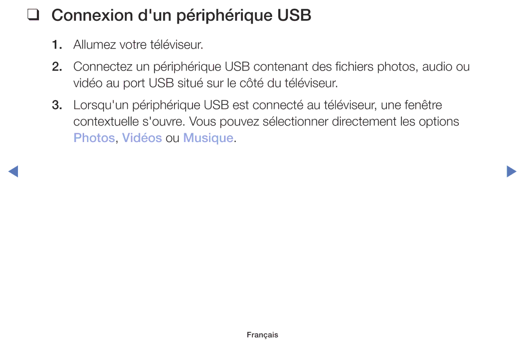 Samsung UE32M4005AWXXC, UE49M5005AWXXC, UE40M5005AWXXC, UE32M5005AWXXC manual Connexion dun périphérique USB 