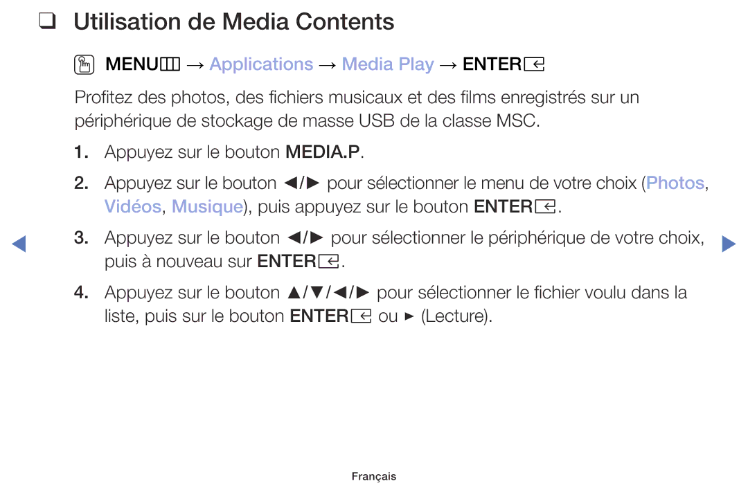 Samsung UE32M5005AWXXC, UE49M5005AWXXC, UE32M4005AWXXC, UE40M5005AWXXC manual Utilisation de Media Contents 