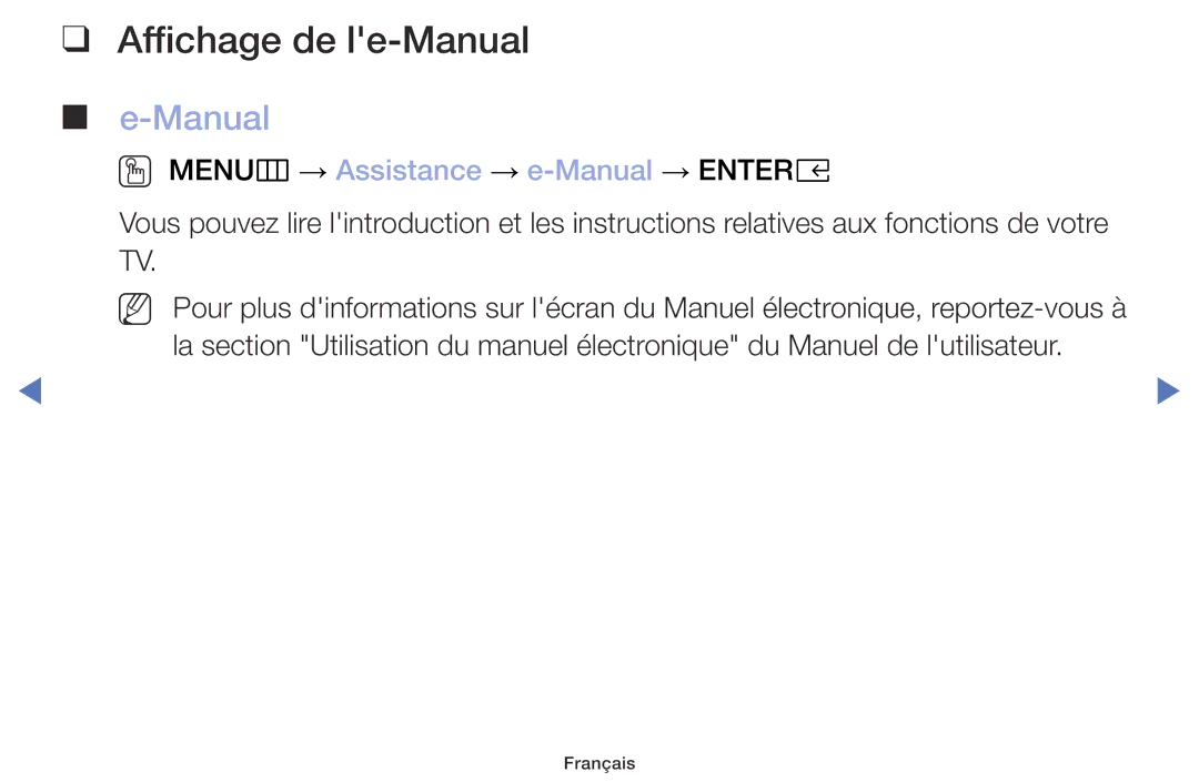 Samsung UE32M5005AWXXC, UE49M5005AWXXC, UE32M4005AWXXC Affichage de le-Manual, OO MENUm → Assistance → e-Manual → Entere 