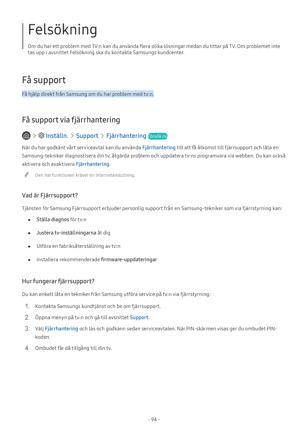 Samsung UE43M5515AKXXC, UE49M5605AKXXC, UE49M5515AKXXC manual Felsökning, Inställn. Support Fjärrhantering Försök nu 