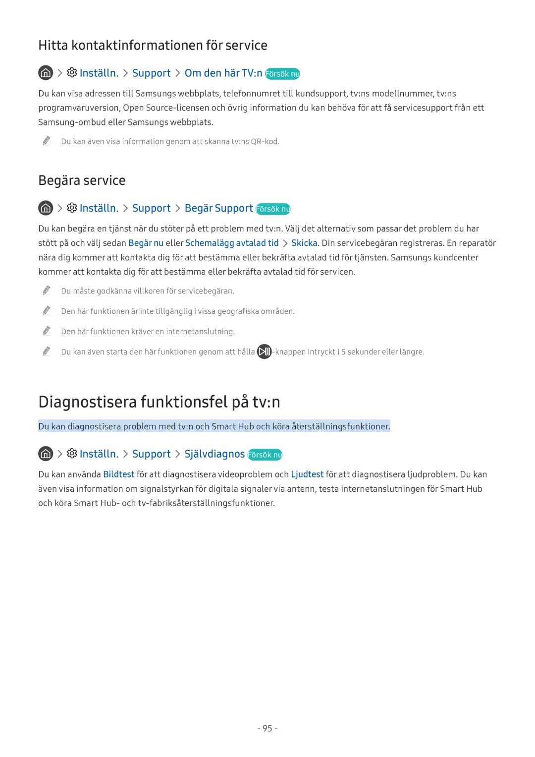 Samsung UE32M5575AUXXC, UE49M5605AKXXC manual Diagnostisera funktionsfel på tvn, Inställn. Support Om den här TVn Försök nu 