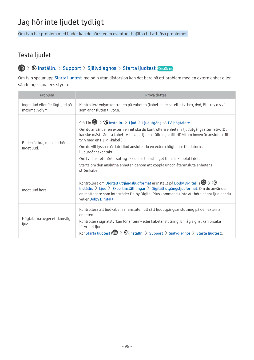 Samsung UE49M5505AKXXC Jag hör inte ljudet tydligt, Testa ljudet, Inställn. Support Självdiagnos Starta ljudtest Försök nu 