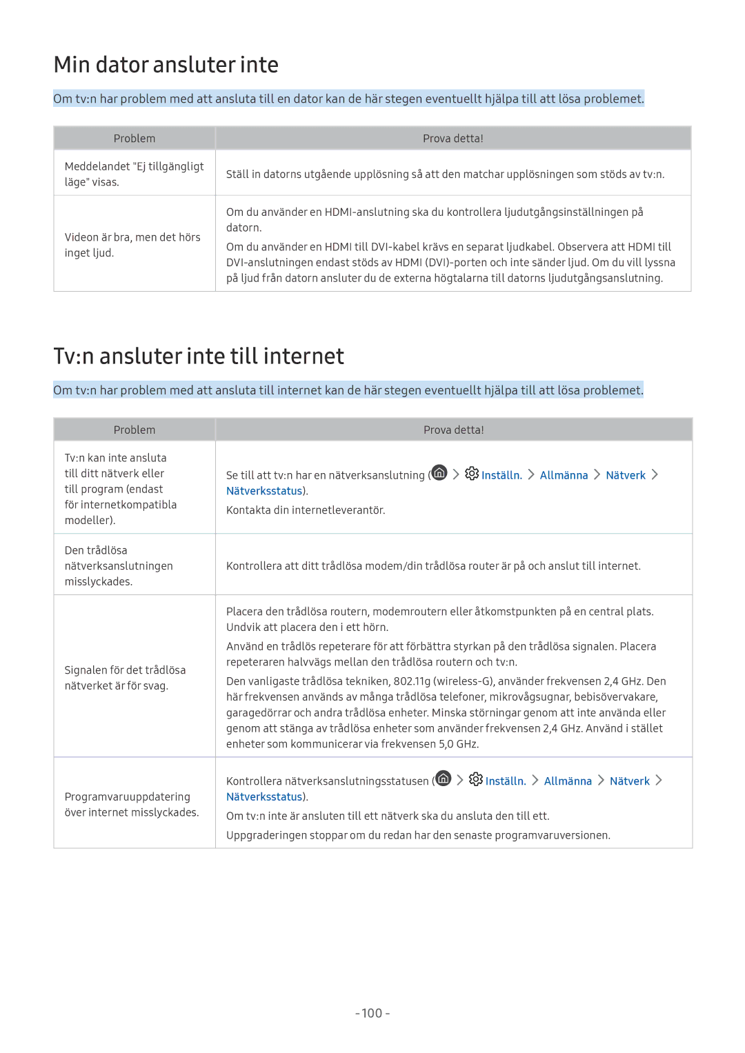 Samsung UE49M6305AKXXC, UE49M5605AKXXC, UE49M5515AKXXC manual Min dator ansluter inte, Tvn ansluter inte till internet 