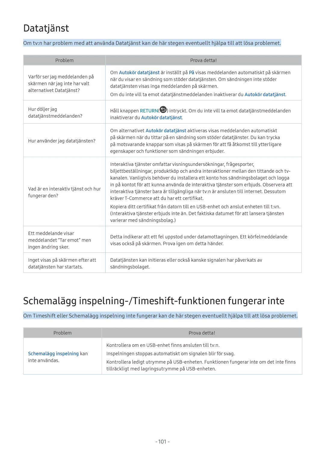 Samsung UE55M5605AKXXC, UE49M5605AKXXC manual Datatjänst, Schemalägg inspelning-/Timeshift-funktionen fungerar inte 