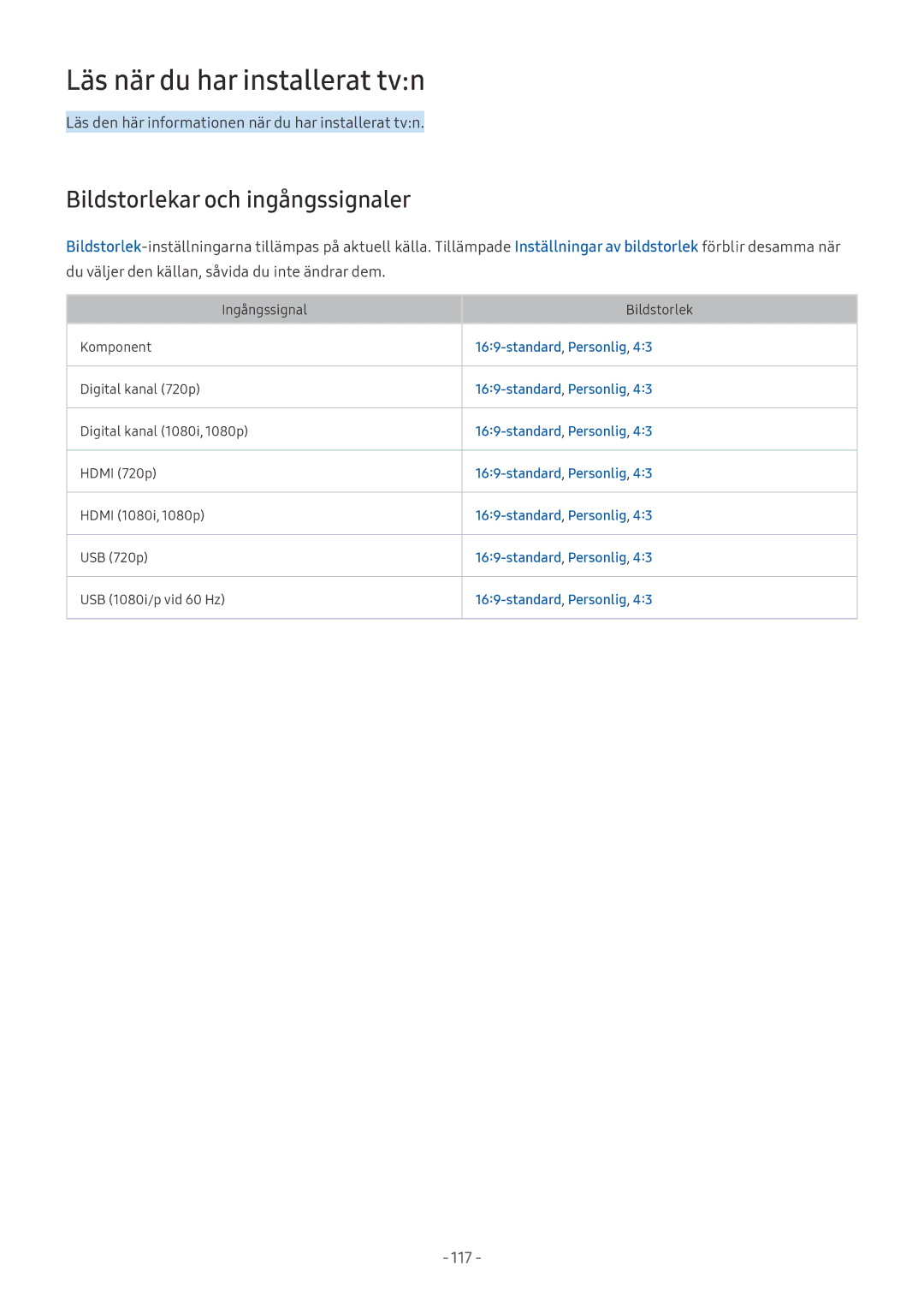 Samsung UE43M5505AKXXC, UE49M5605AKXXC, UE49M5515AKXXC Läs när du har installerat tvn, Bildstorlekar och ingångssignaler 