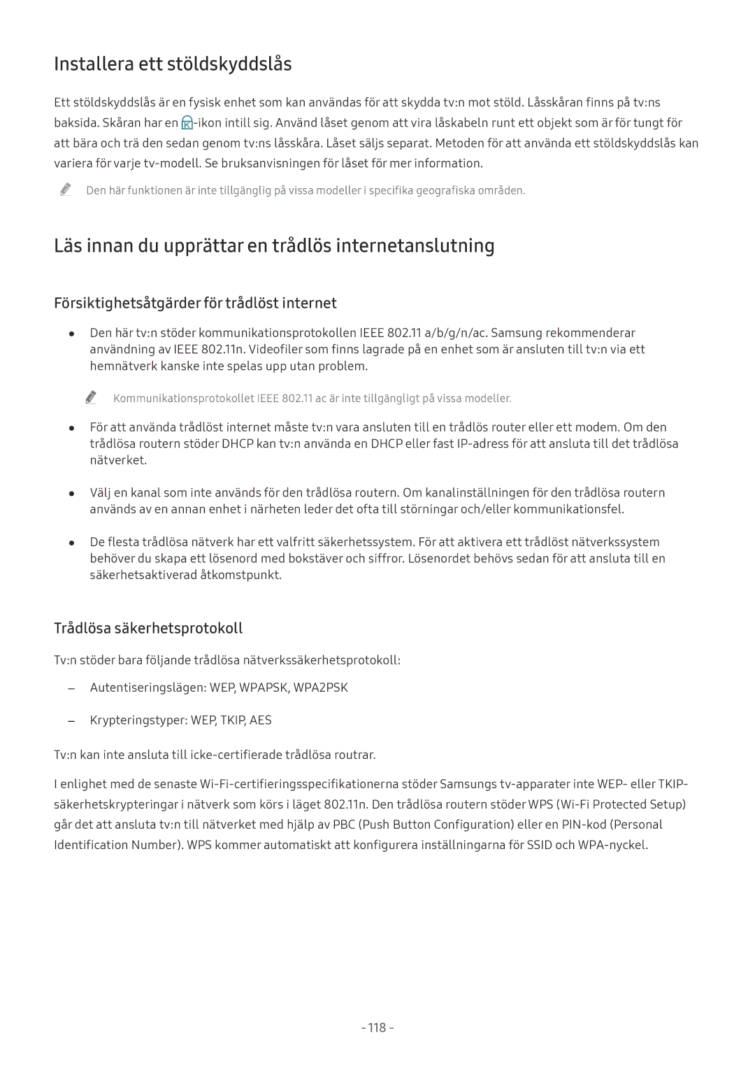 Samsung UE43M5605AKXXC, UE49M5605AKXXC Installera ett stöldskyddslås, Läs innan du upprättar en trådlös internetanslutning 