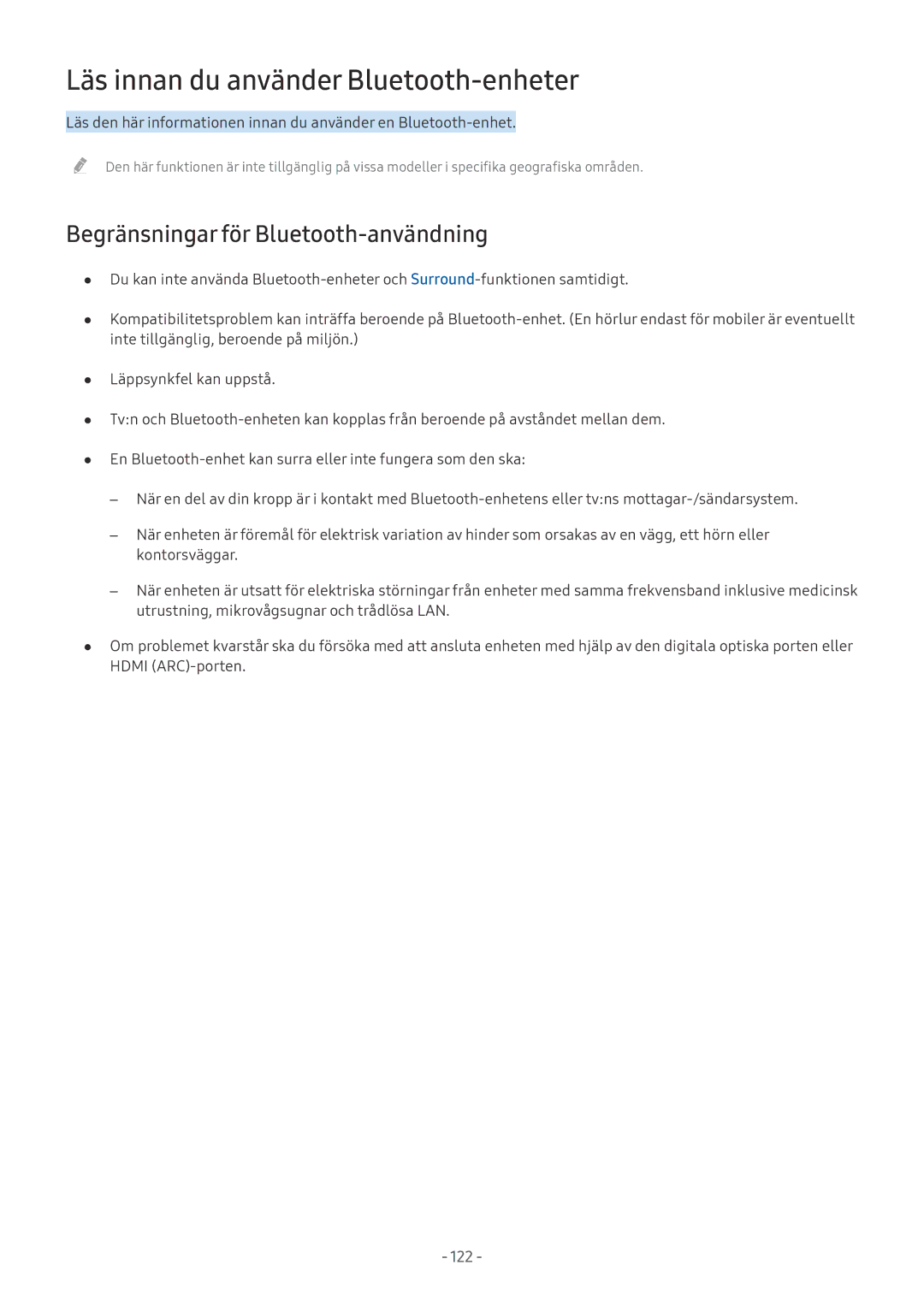 Samsung UE43M5515AKXXC, UE49M5605AKXXC Läs innan du använder Bluetooth-enheter, Begränsningar för Bluetooth-användning 