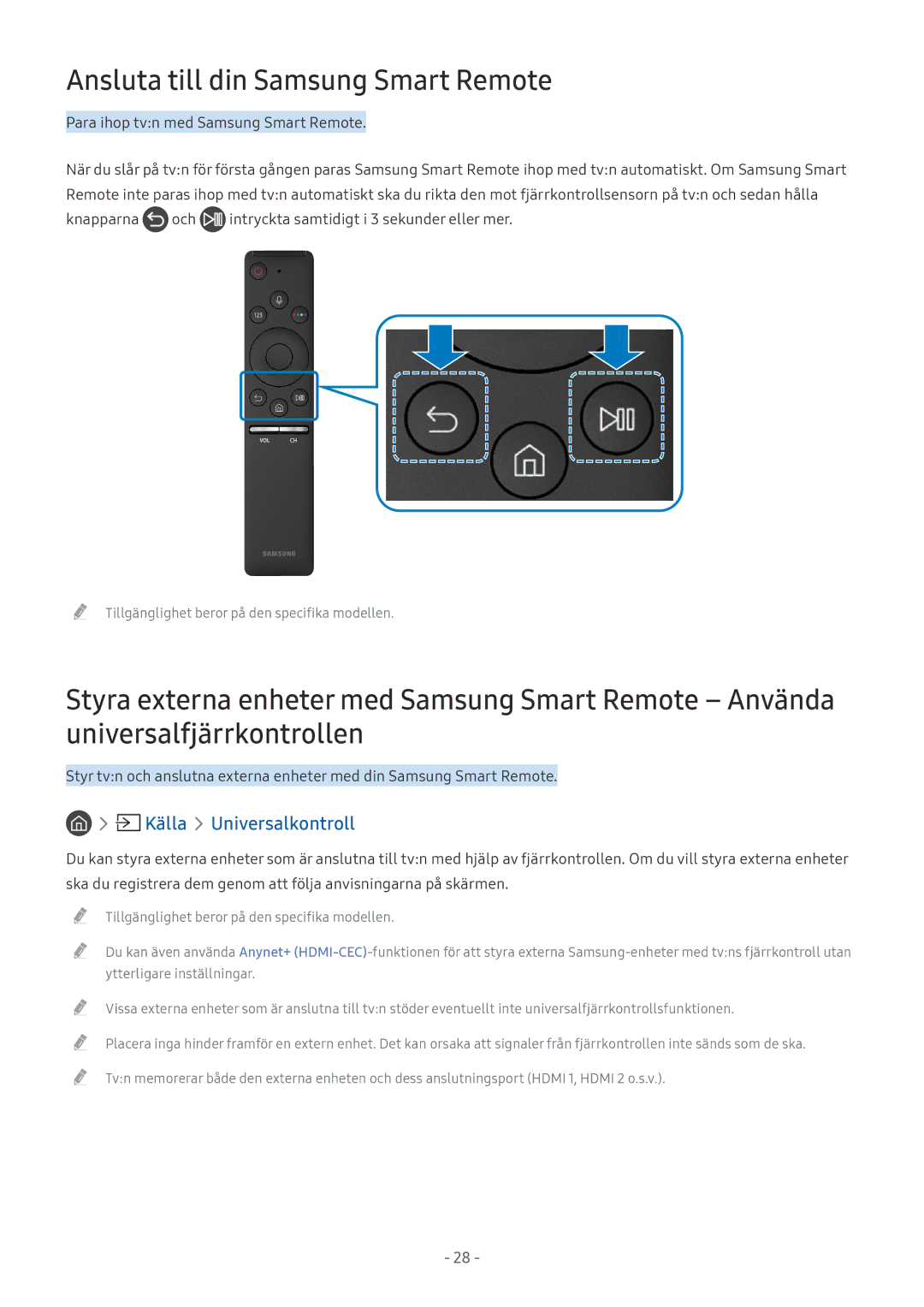 Samsung UE49M5505AKXXC, UE49M5605AKXXC, UE49M5515AKXXC manual Ansluta till din Samsung Smart Remote, Källa Universalkontroll 