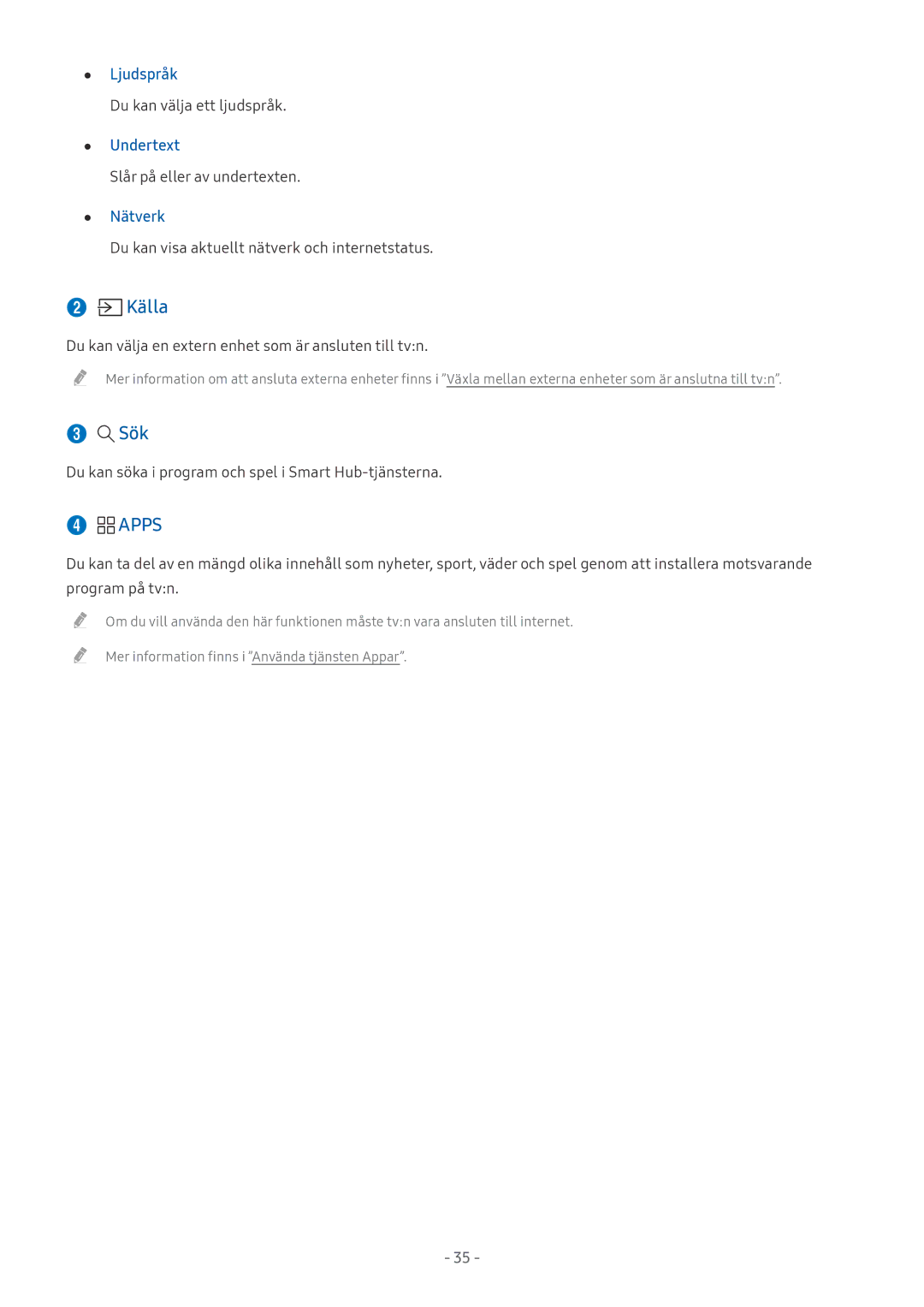 Samsung UE55M5515AKXXC, UE49M5605AKXXC, UE49M5515AKXXC, UE43M5515AKXXC manual Sök, Apps, Ljudspråk, Undertext, Nätverk 