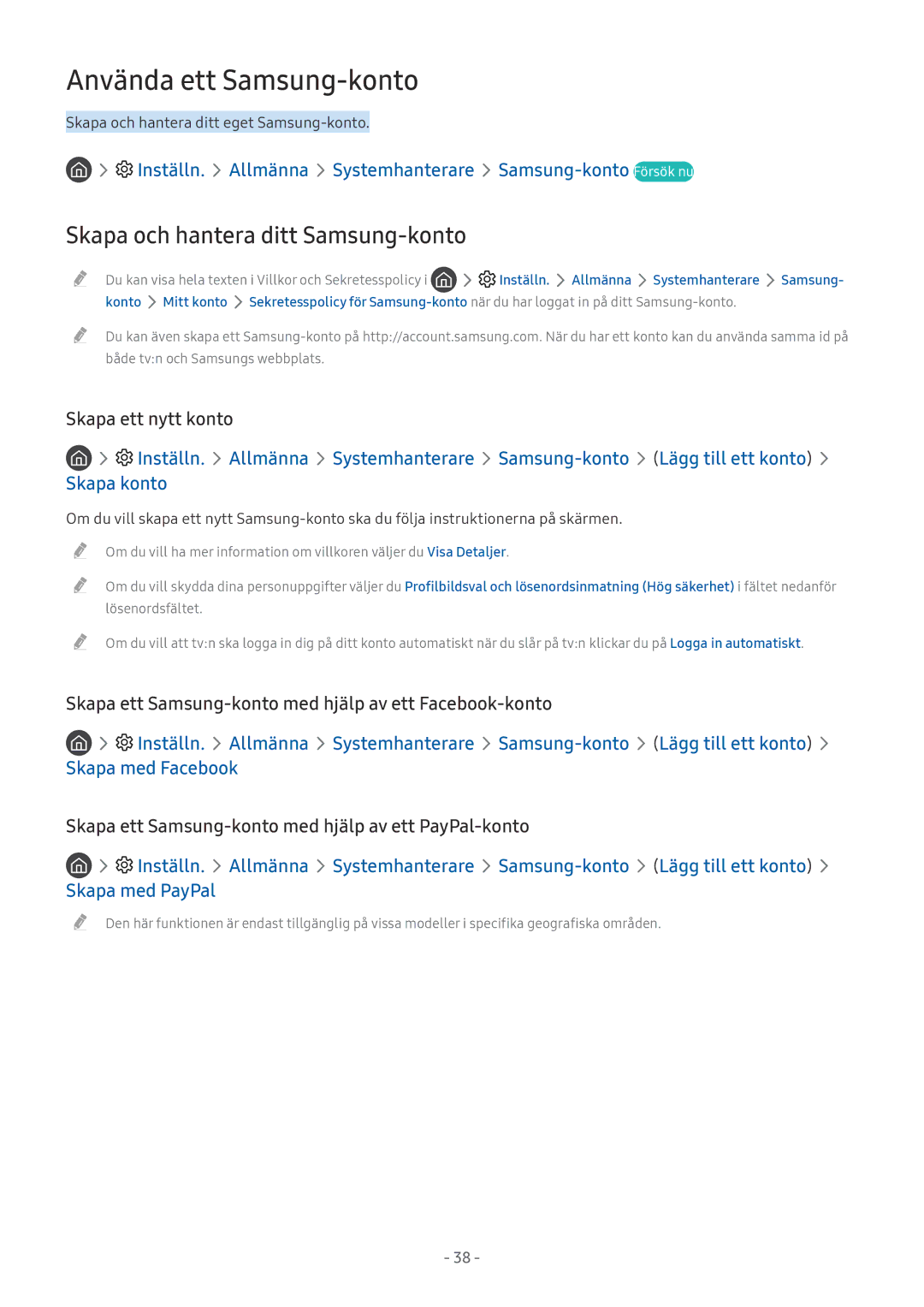 Samsung UE43M5515AKXXC, UE49M5605AKXXC, UE49M5515AKXXC manual Använda ett Samsung-konto, Skapa och hantera ditt Samsung-konto 