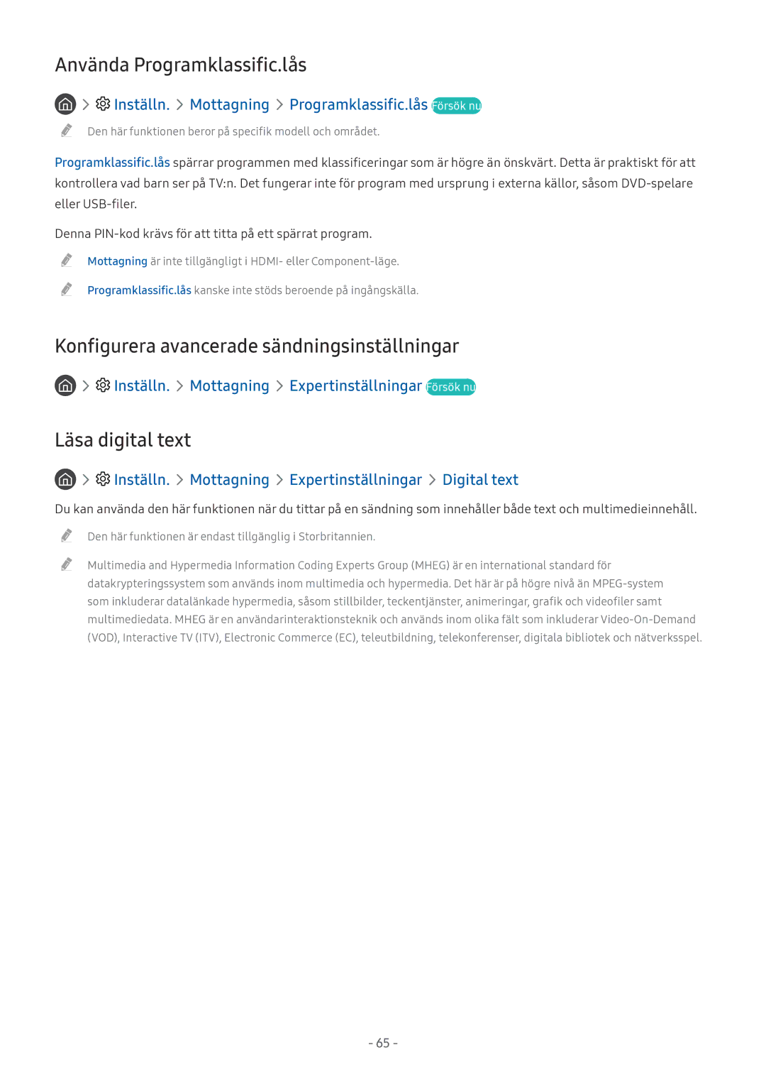 Samsung UE49M5515AKXXC Använda Programklassific.lås, Konfigurera avancerade sändningsinställningar, Läsa digital text 