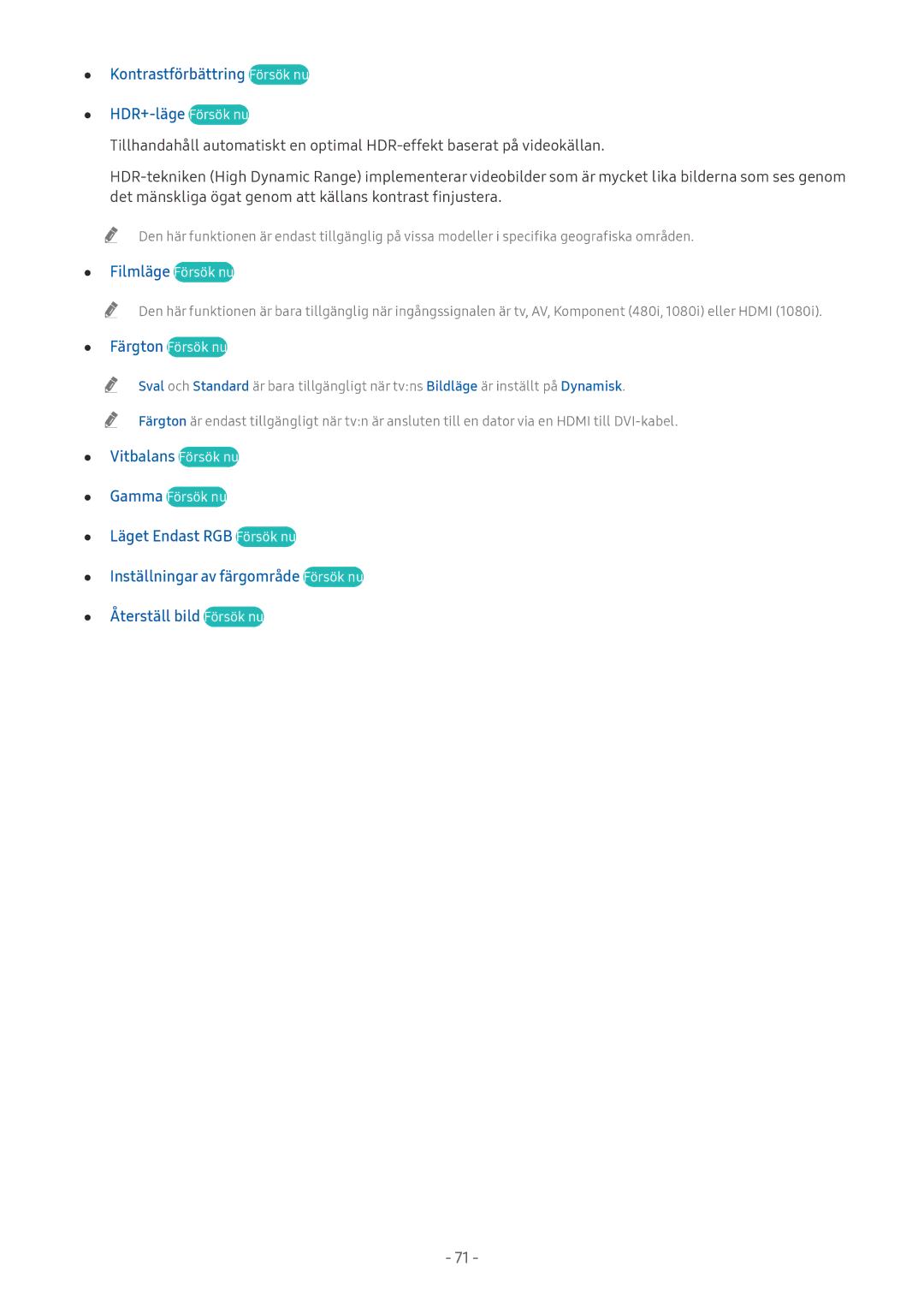 Samsung UE55M6305AKXXC, UE49M5605AKXXC manual Kontrastförbättring Försök nu HDR+-läge Försök nu, Filmläge Försök nu 