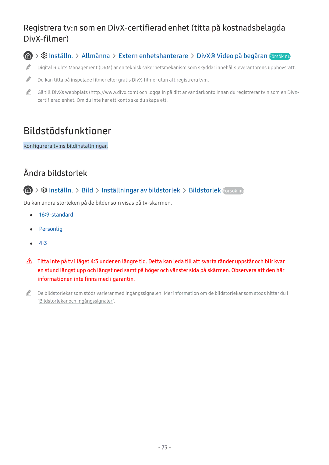 Samsung UE55M5605AKXXC, UE49M5605AKXXC, UE49M5515AKXXC manual Bildstödsfunktioner, Ändra bildstorlek, Standard Personlig 