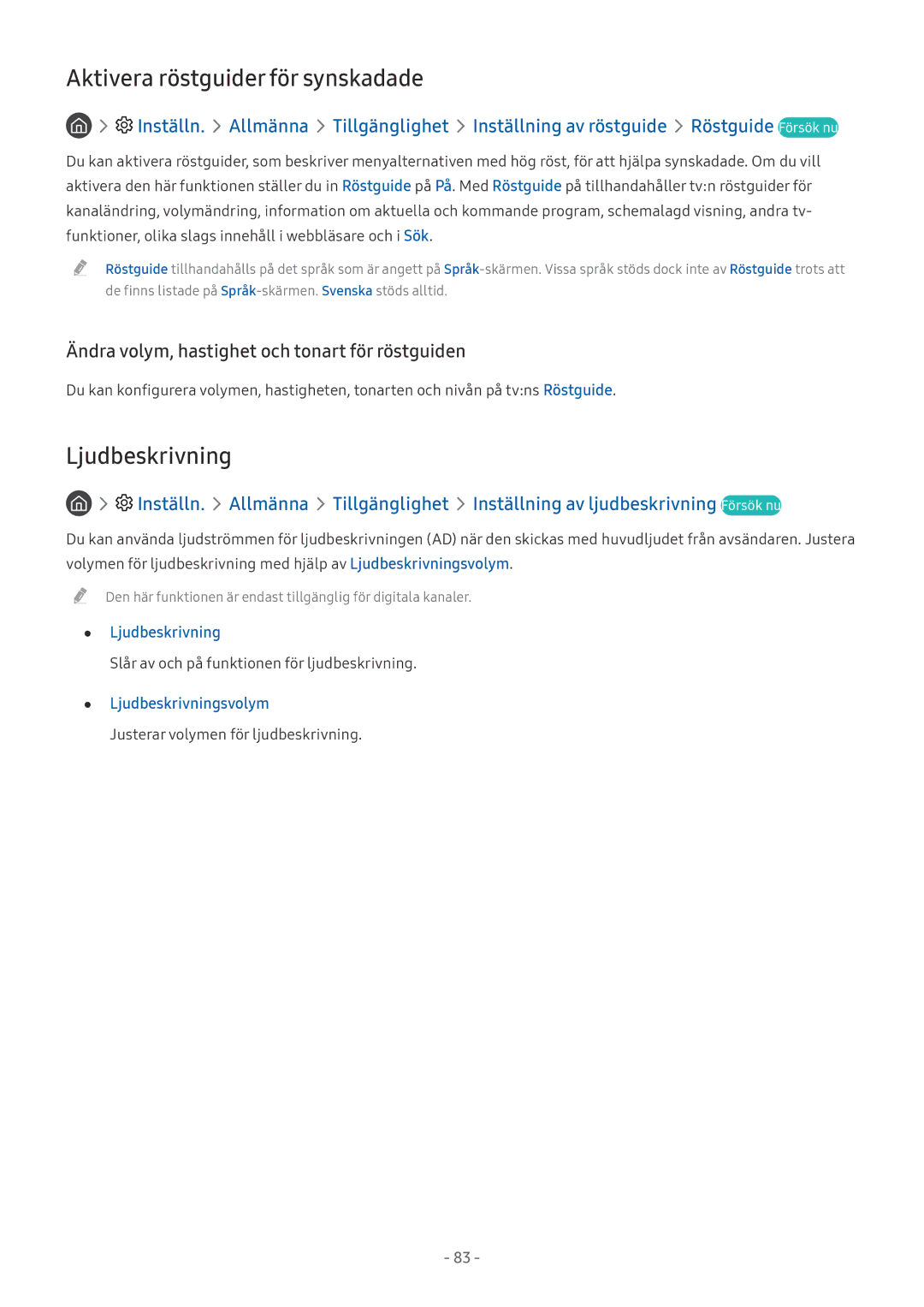 Samsung UE55M5505AKXXC, UE49M5605AKXXC, UE49M5515AKXXC manual Aktivera röstguider för synskadade, Ljudbeskrivningsvolym 