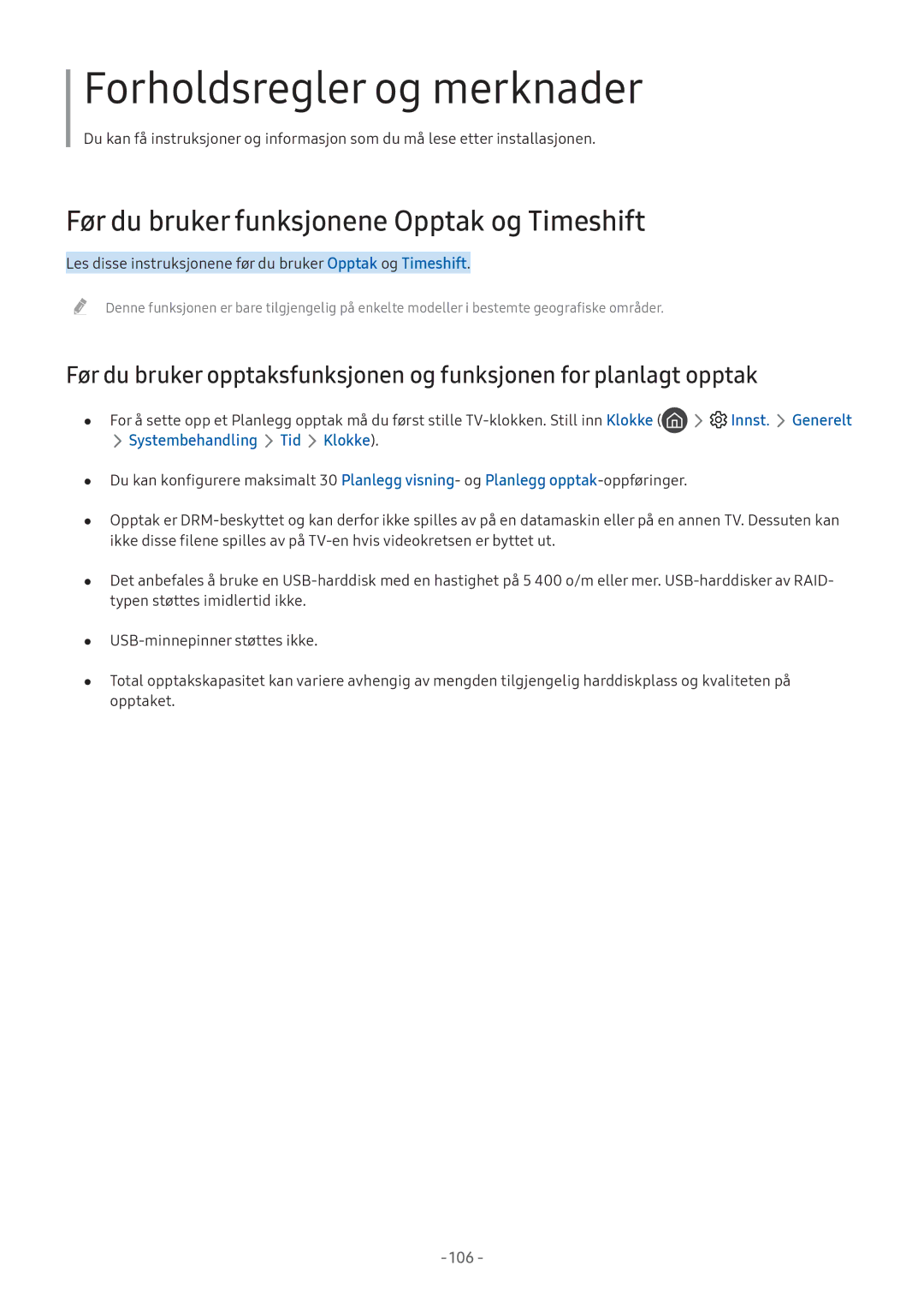 Samsung UE49M5605AKXXC manual Før du bruker funksjonene Opptak og Timeshift, Innst. Generelt, Systembehandling Tid Klokke 