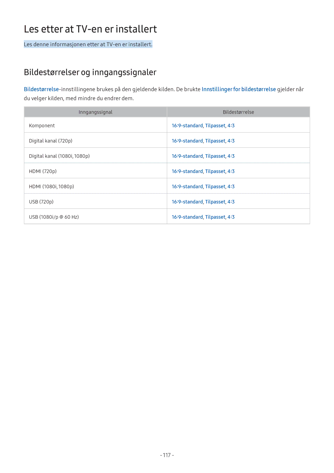 Samsung UE43M5505AKXXC manual Les etter at TV-en er installert, Bildestørrelser og inngangssignaler, Standard,Tilpasset 