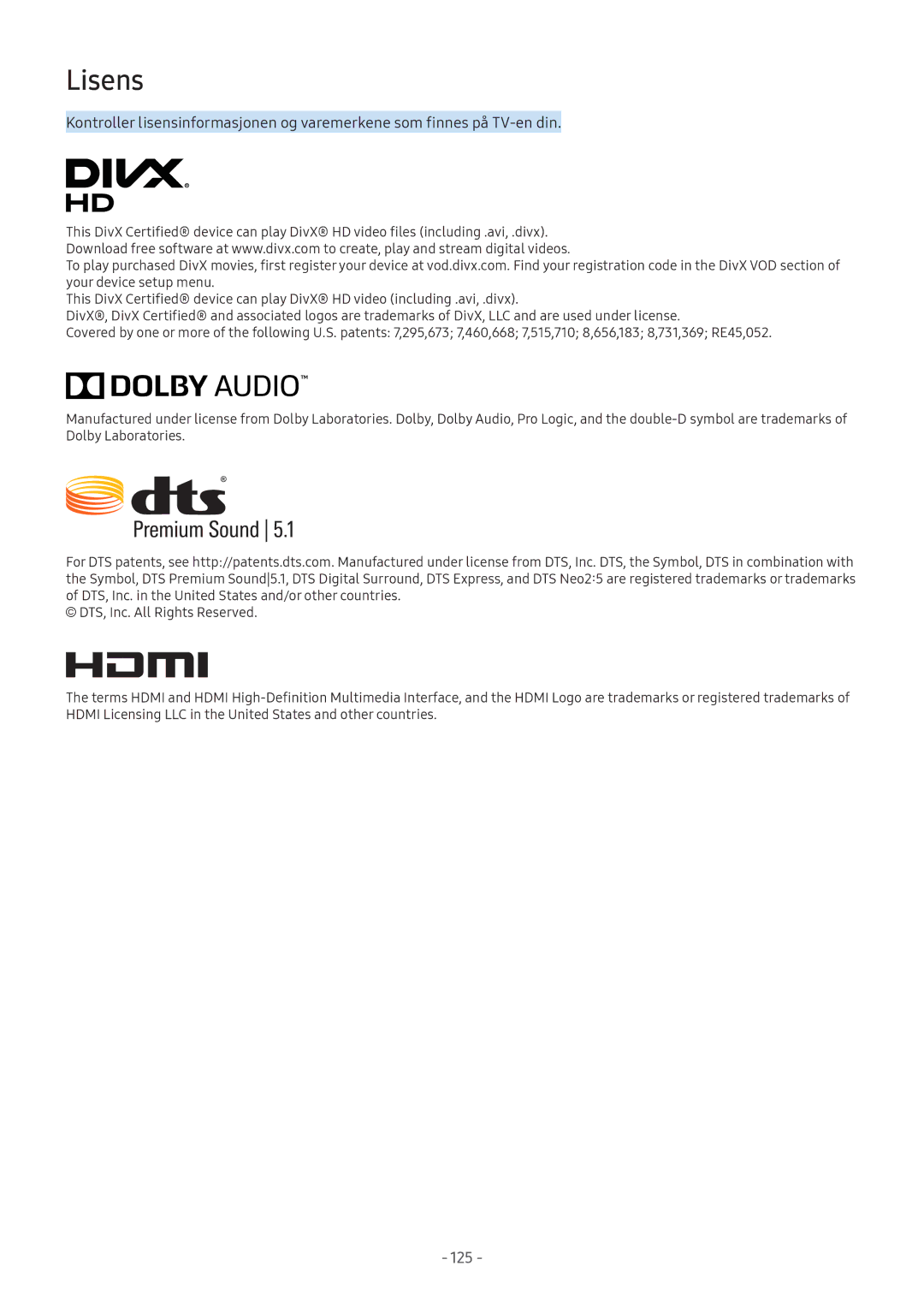 Samsung UE55M5505AKXXC, UE49M5605AKXXC, UE49M5515AKXXC, UE43M5515AKXXC, UE32M5575AUXXC, UE32M5505AKXXC manual Lisens, 125 