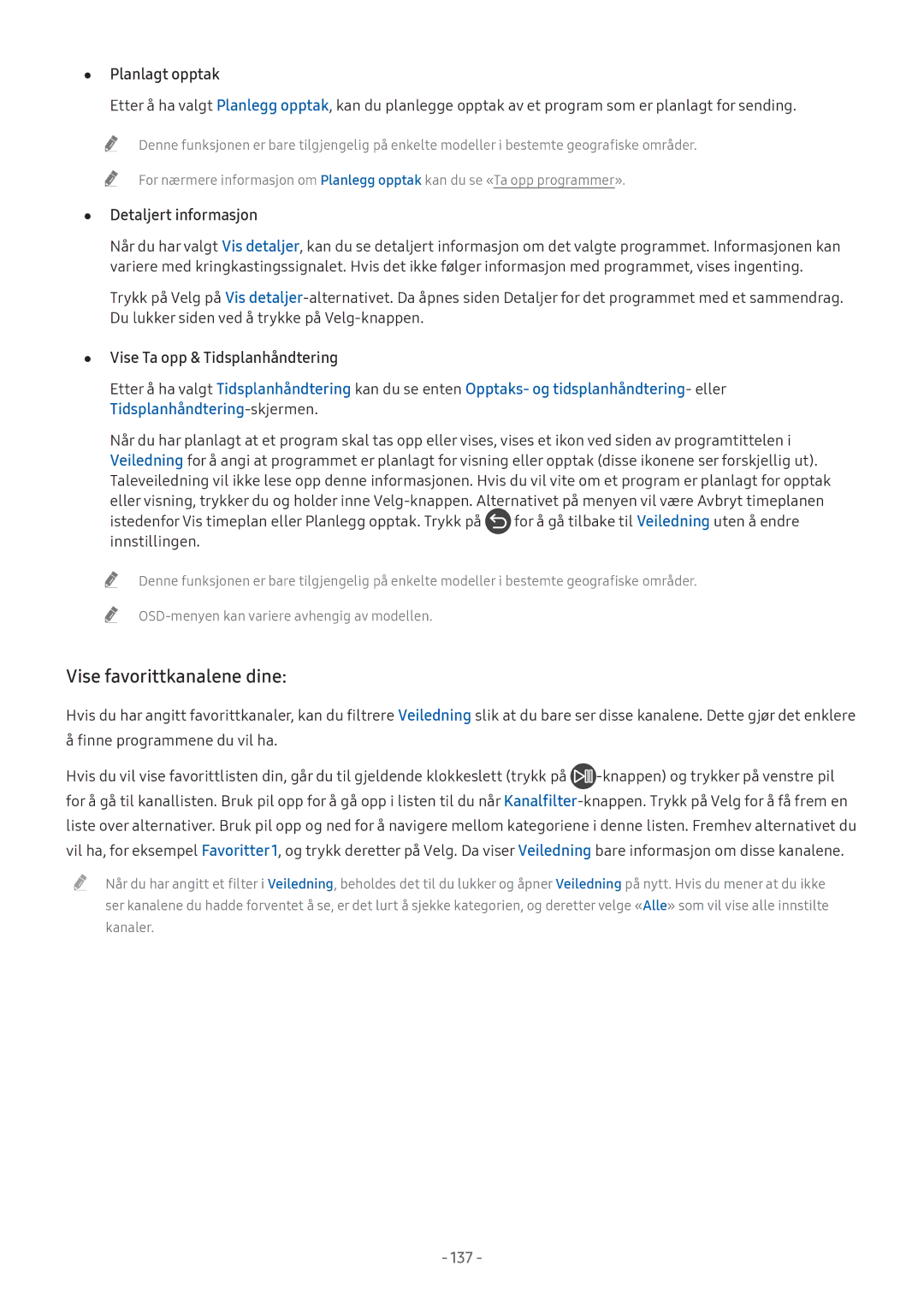 Samsung UE32M5575AUXXC, UE49M5605AKXXC, UE49M5515AKXXC, UE43M5515AKXXC manual Vise favorittkanalene dine, Planlagt opptak 
