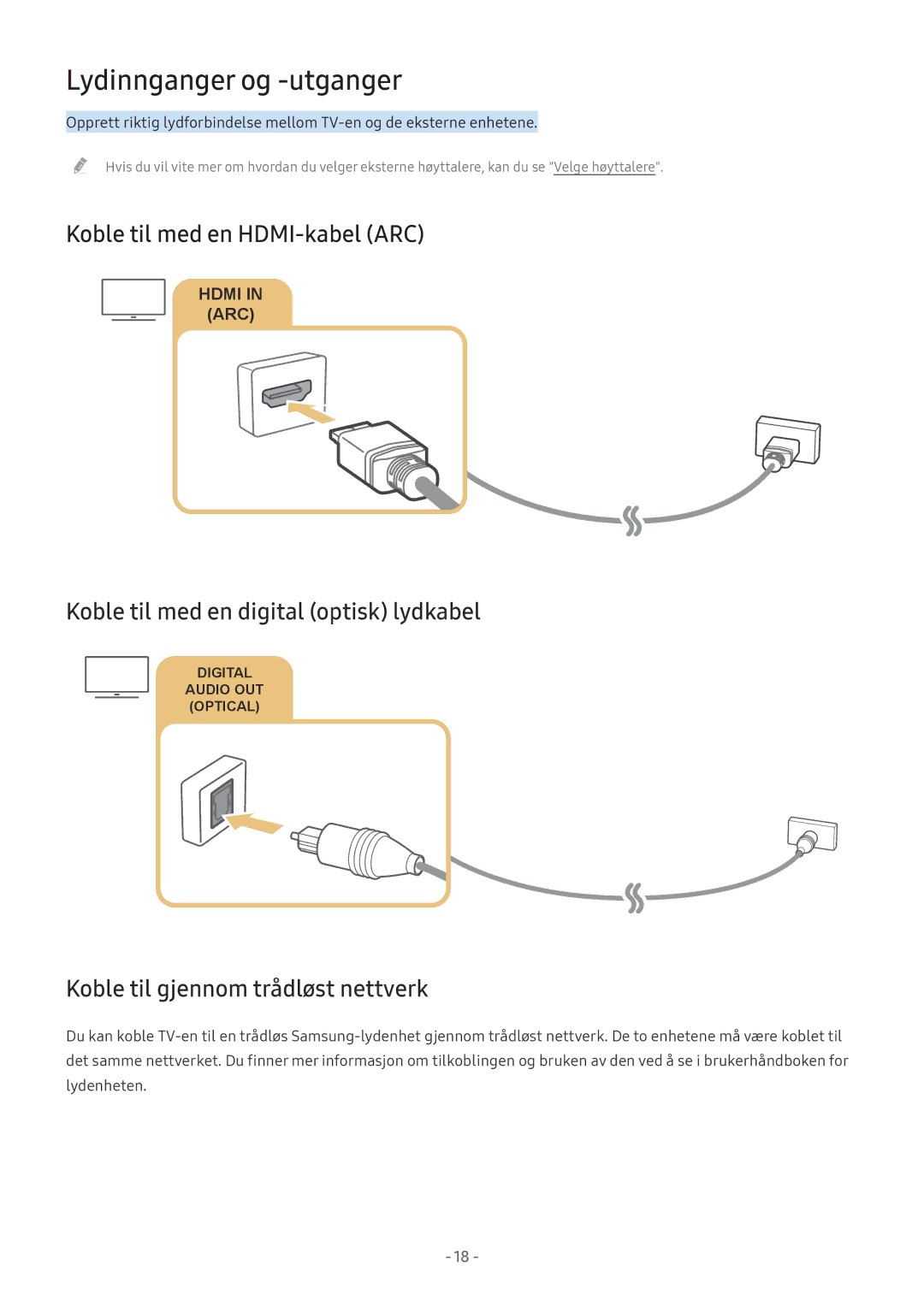 Samsung UE32M5605AKXXC Lydinnganger og -utganger, Koble til med en HDMI-kabel ARC, Koble til gjennom trådløst nettverk 