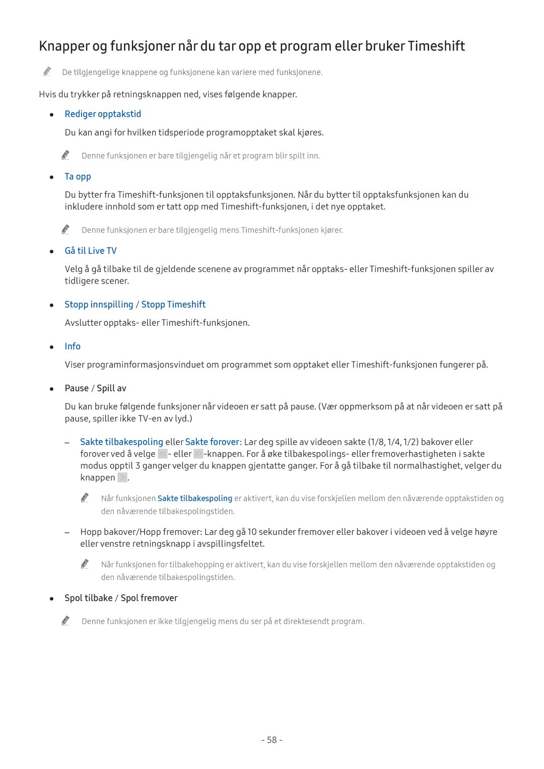 Samsung UE49M6305AKXXC manual Rediger opptakstid, Ta opp, Gå til Live TV, Stopp innspilling / Stopp Timeshift, Info 