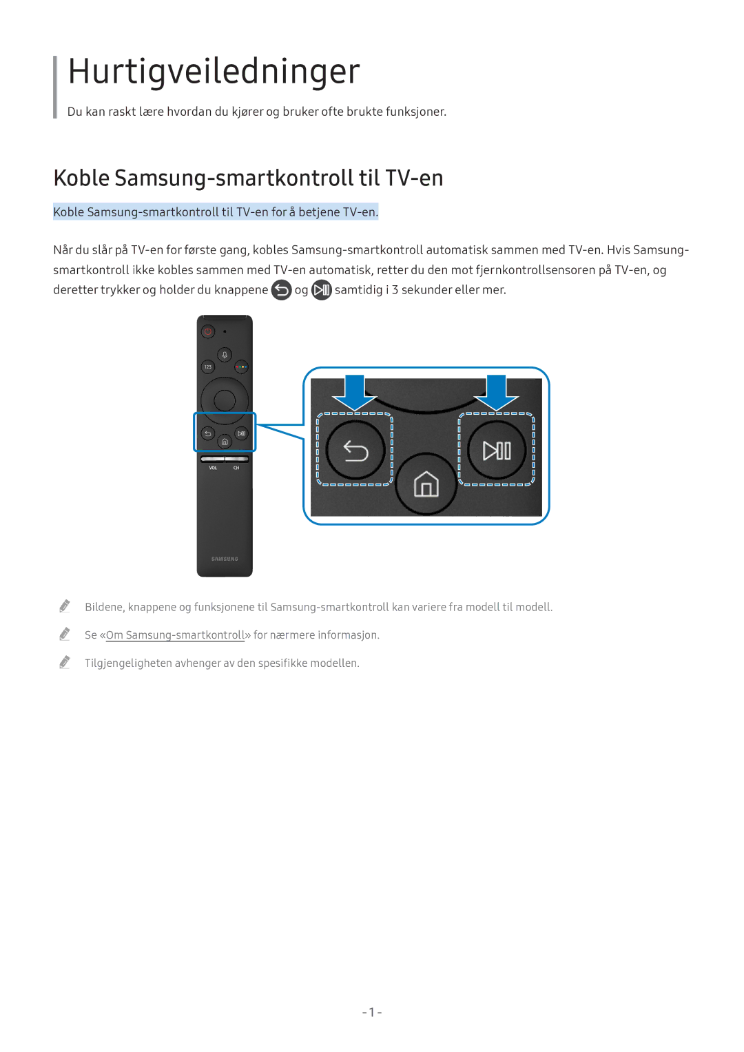 Samsung UE55M6305AKXXC, UE49M5605AKXXC, UE49M5515AKXXC manual Hurtigveiledninger, Koble Samsung-smartkontroll til TV-en 