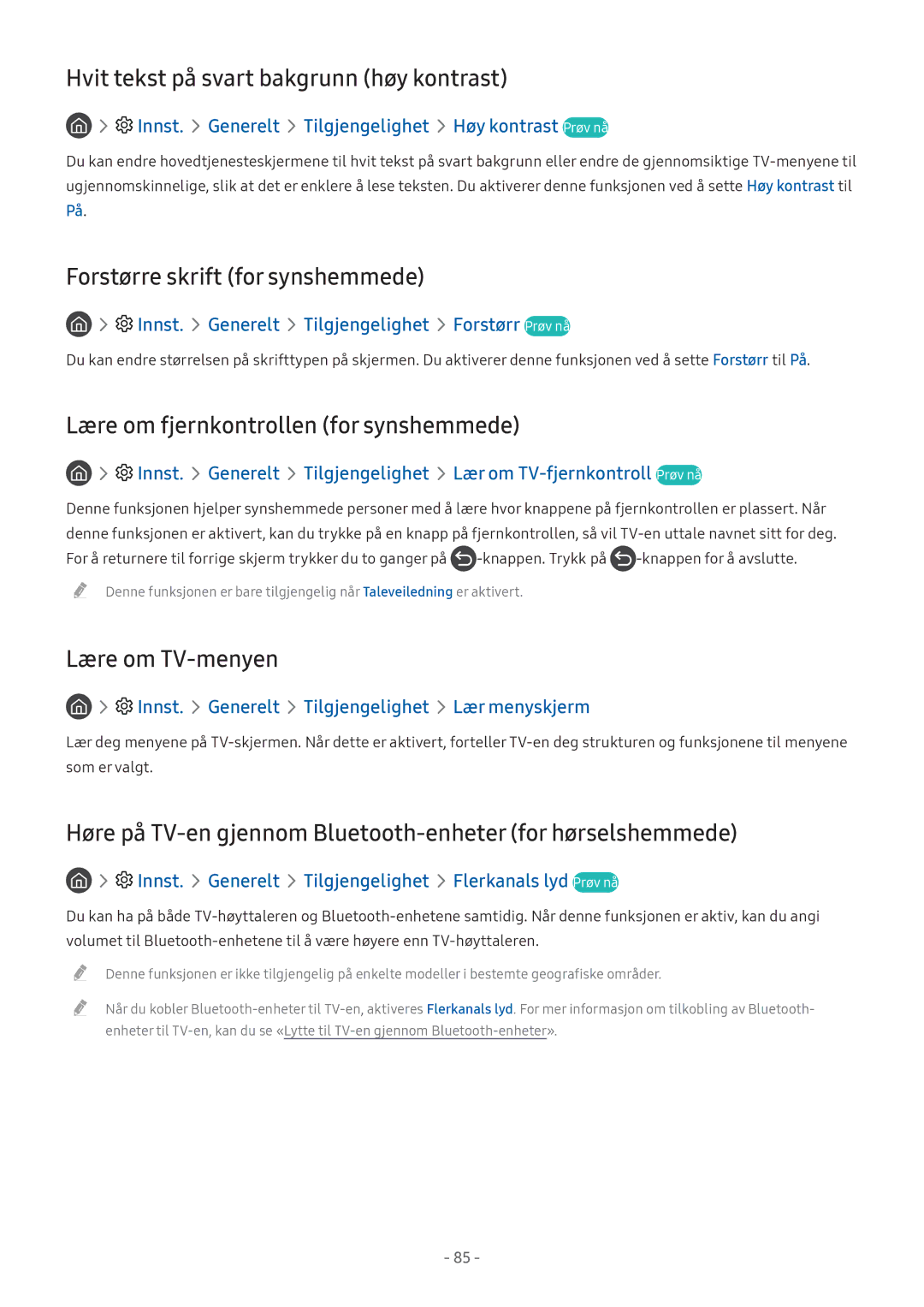 Samsung UE55M6305AKXXC Hvit tekst på svart bakgrunn høy kontrast, Forstørre skrift for synshemmede, Lære om TV-menyen 