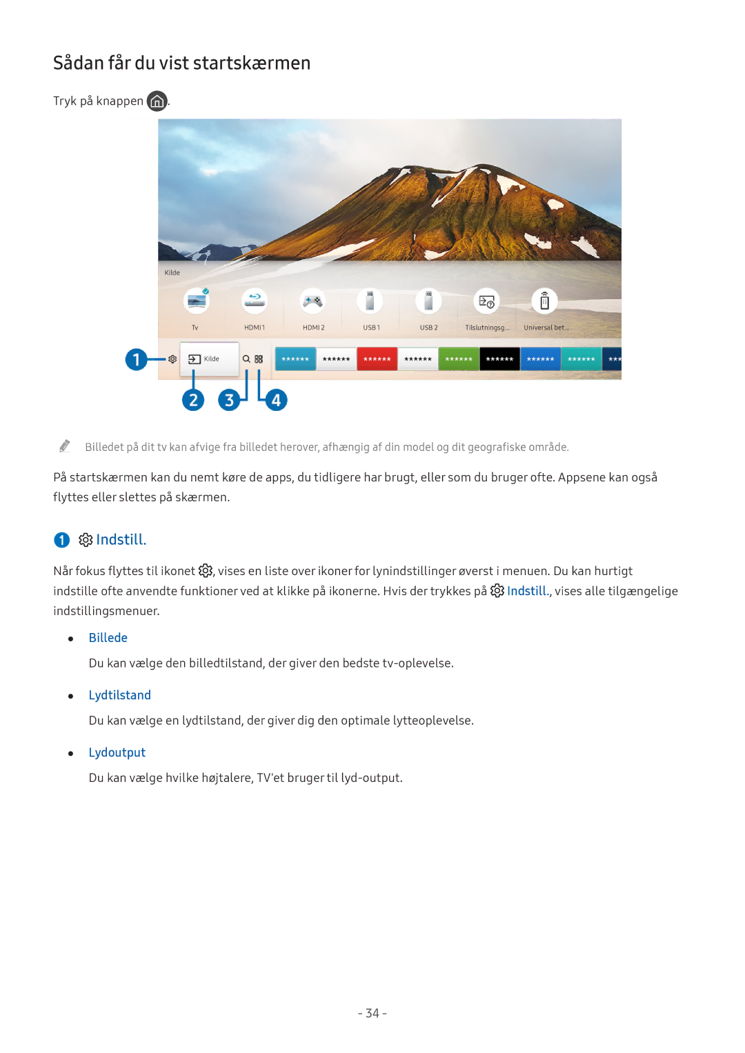 Samsung UE43M5605AKXXC, UE49M5605AKXXC, UE49M5515AKXXC manual Sådan får du vist startskærmen, Billede, Lydtilstand, Lydoutput 