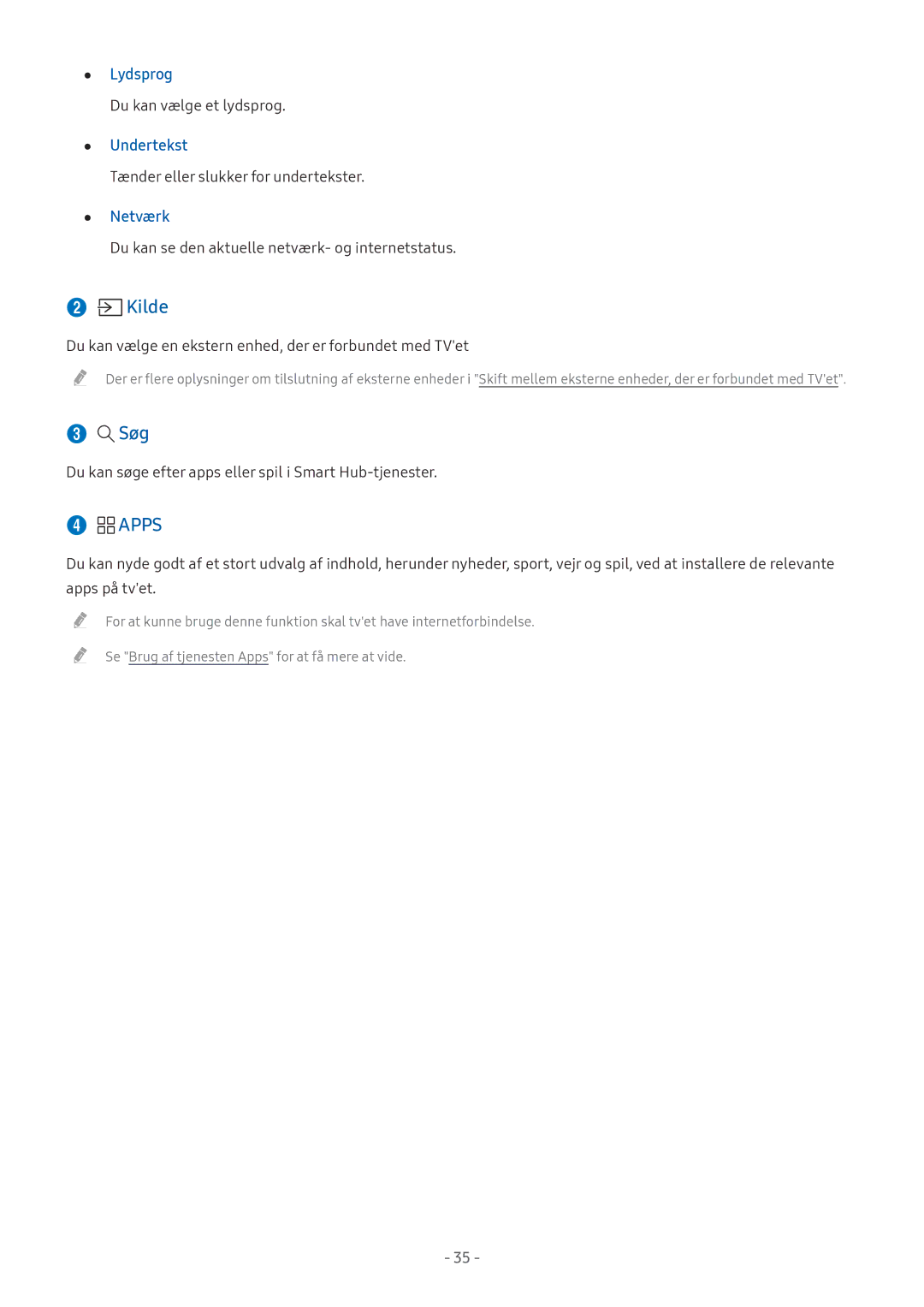 Samsung UE55M5515AKXXC, UE49M5605AKXXC, UE49M5515AKXXC, UE43M5515AKXXC manual Søg, Apps, Lydsprog, Undertekst, Netværk 