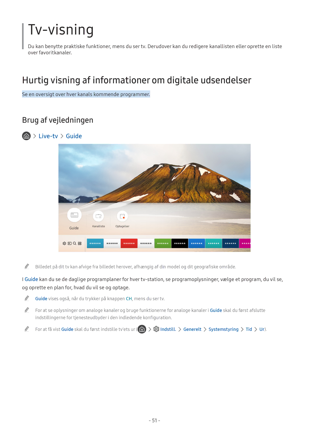 Samsung UE49M5515AKXXC manual Hurtig visning af informationer om digitale udsendelser, Brug af vejledningen, Live-tv Guide 