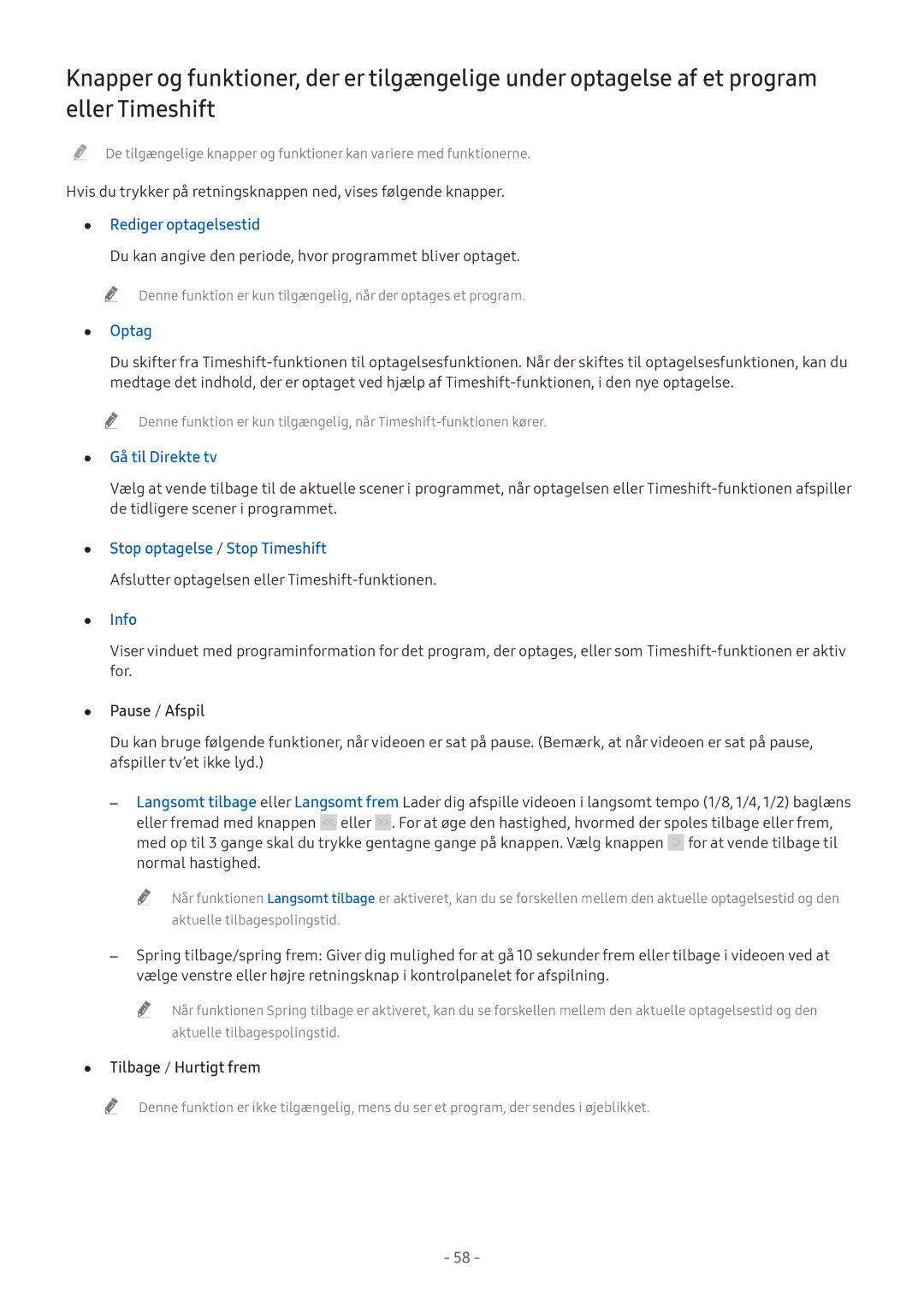 Samsung UE49M6305AKXXC manual Rediger optagelsestid, Optag, Gå til Direkte tv, Stop optagelse / Stop Timeshift, Info 