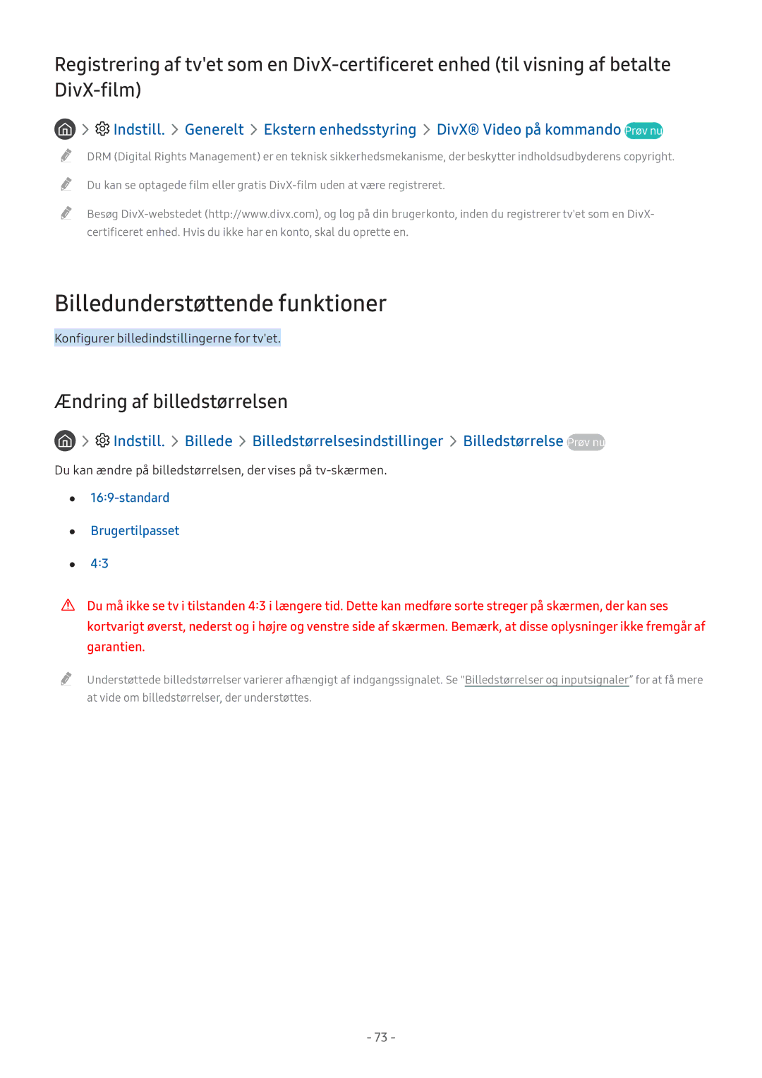 Samsung UE55M5605AKXXC manual Billedunderstøttende funktioner, Ændring af billedstørrelsen, Standard Brugertilpasset 