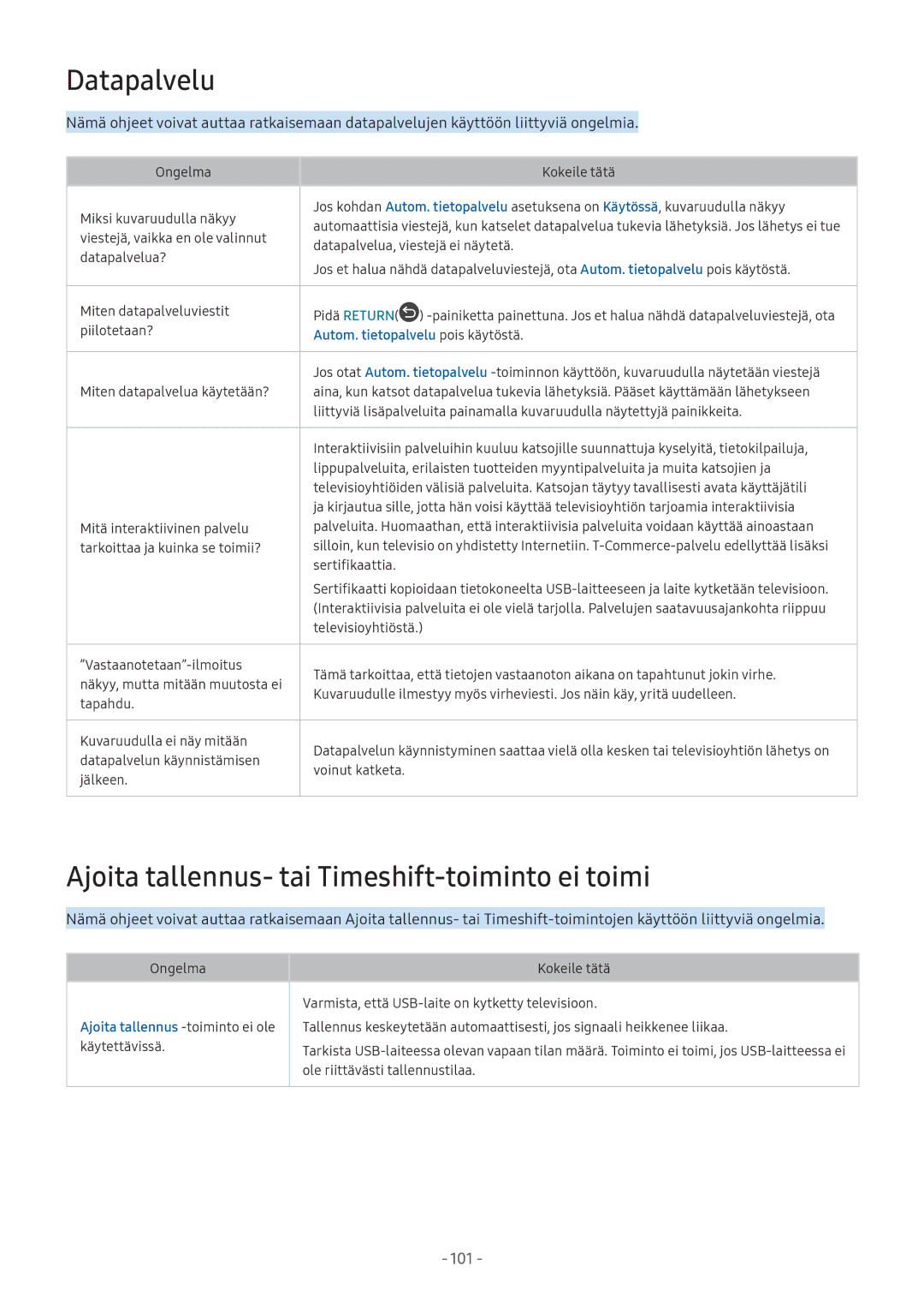 Samsung UE55M5605AKXXC, UE49M5605AKXXC, UE49M5515AKXXC manual Datapalvelu, Ajoita tallennus- tai Timeshift-toiminto ei toimi 