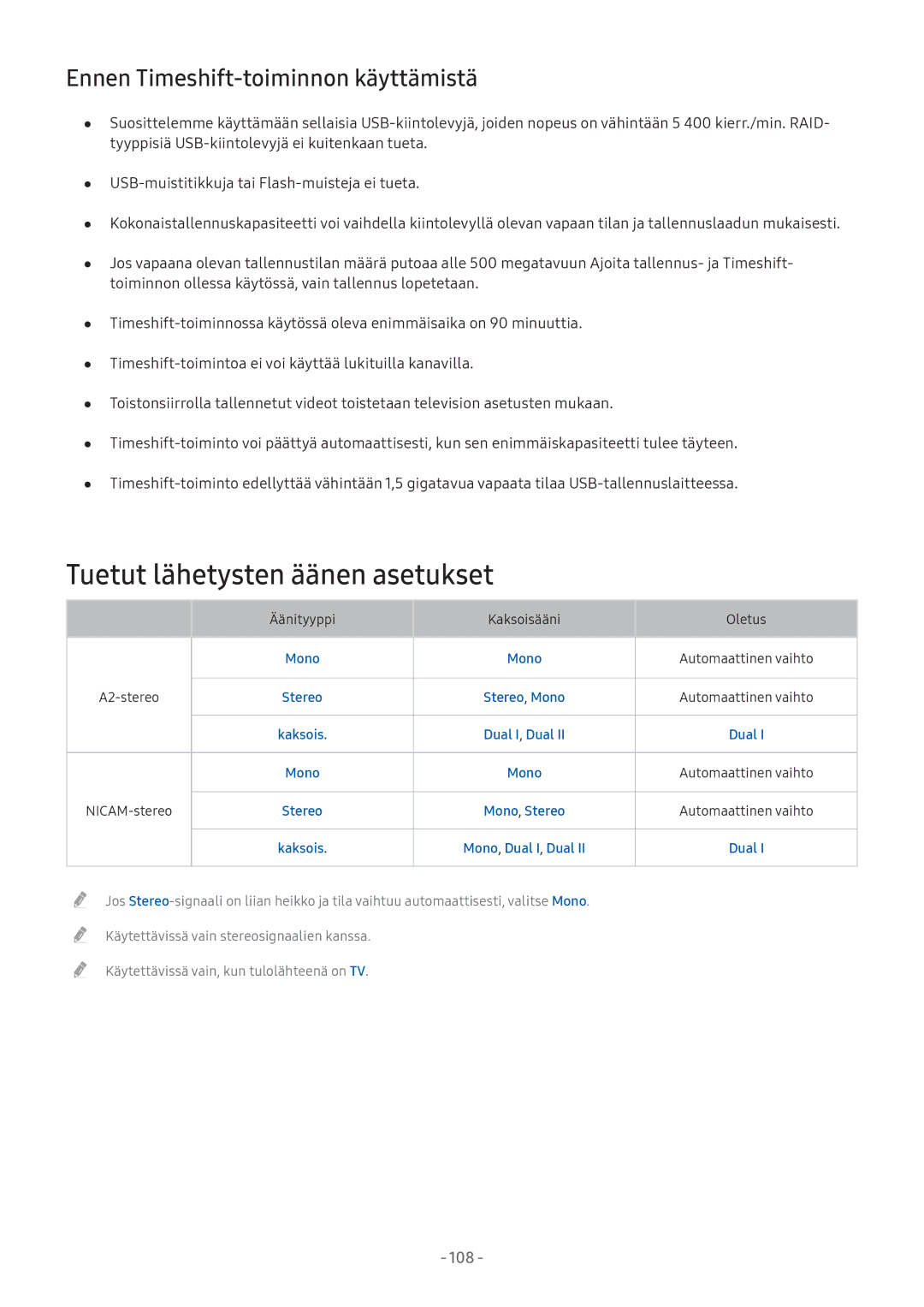 Samsung UE43M5515AKXXC, UE49M5605AKXXC manual Tuetut lähetysten äänen asetukset, Ennen Timeshift-toiminnon käyttämistä 