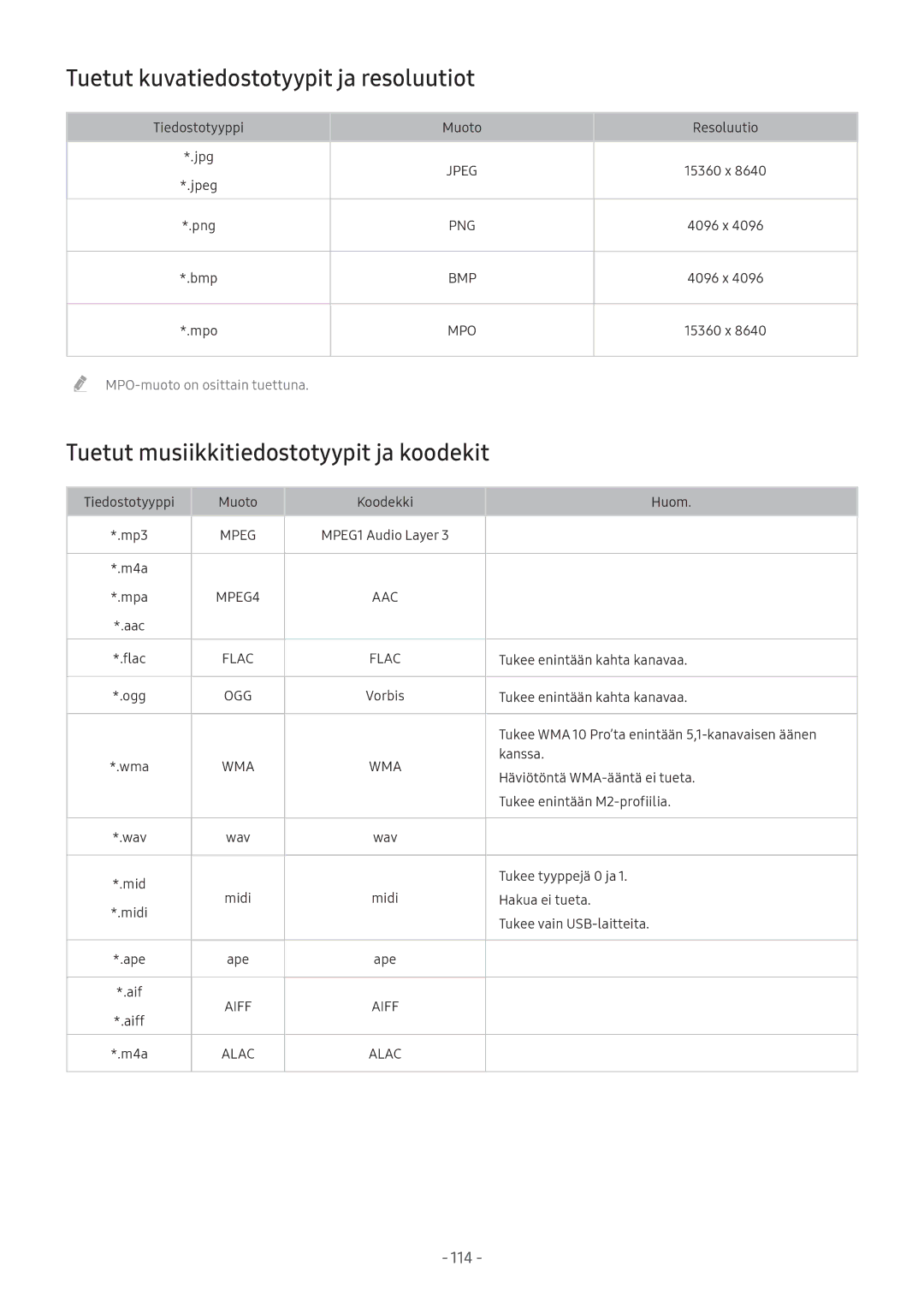 Samsung UE49M6305AKXXC, UE49M5605AKXXC Tuetut kuvatiedostotyypit ja resoluutiot, Tuetut musiikkitiedostotyypit ja koodekit 